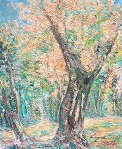 Large 1970's French Post-Impressionist Oil Painting of Dappled Sunlit Forest