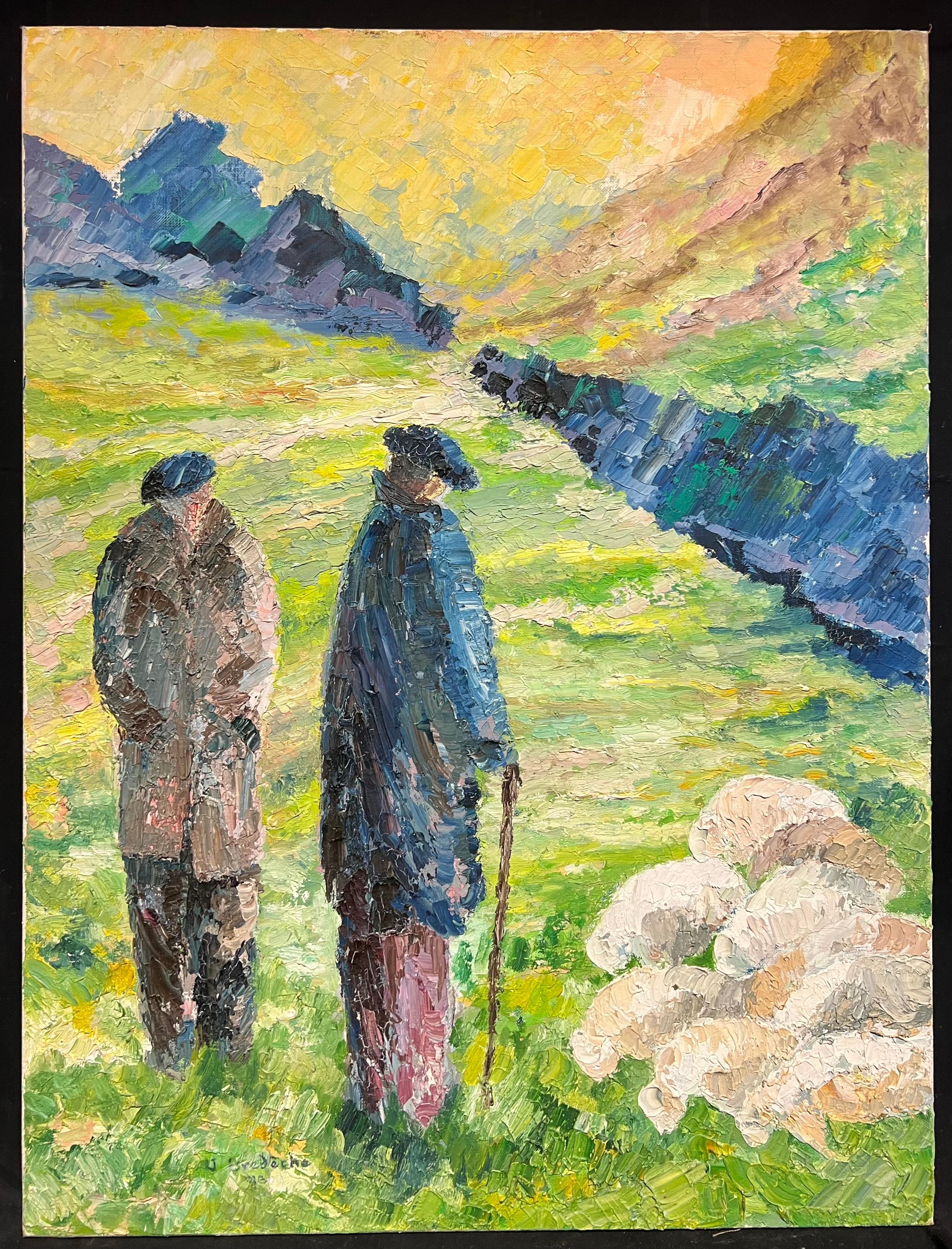 Pastori all'alba Grande dipinto a olio post-impressionista francese degli anni '70 - Painting di J.Bredeche