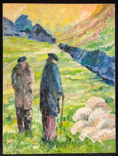 Shepherds at Sunrise Large 1970's French Post-Impressionist Oil Painting