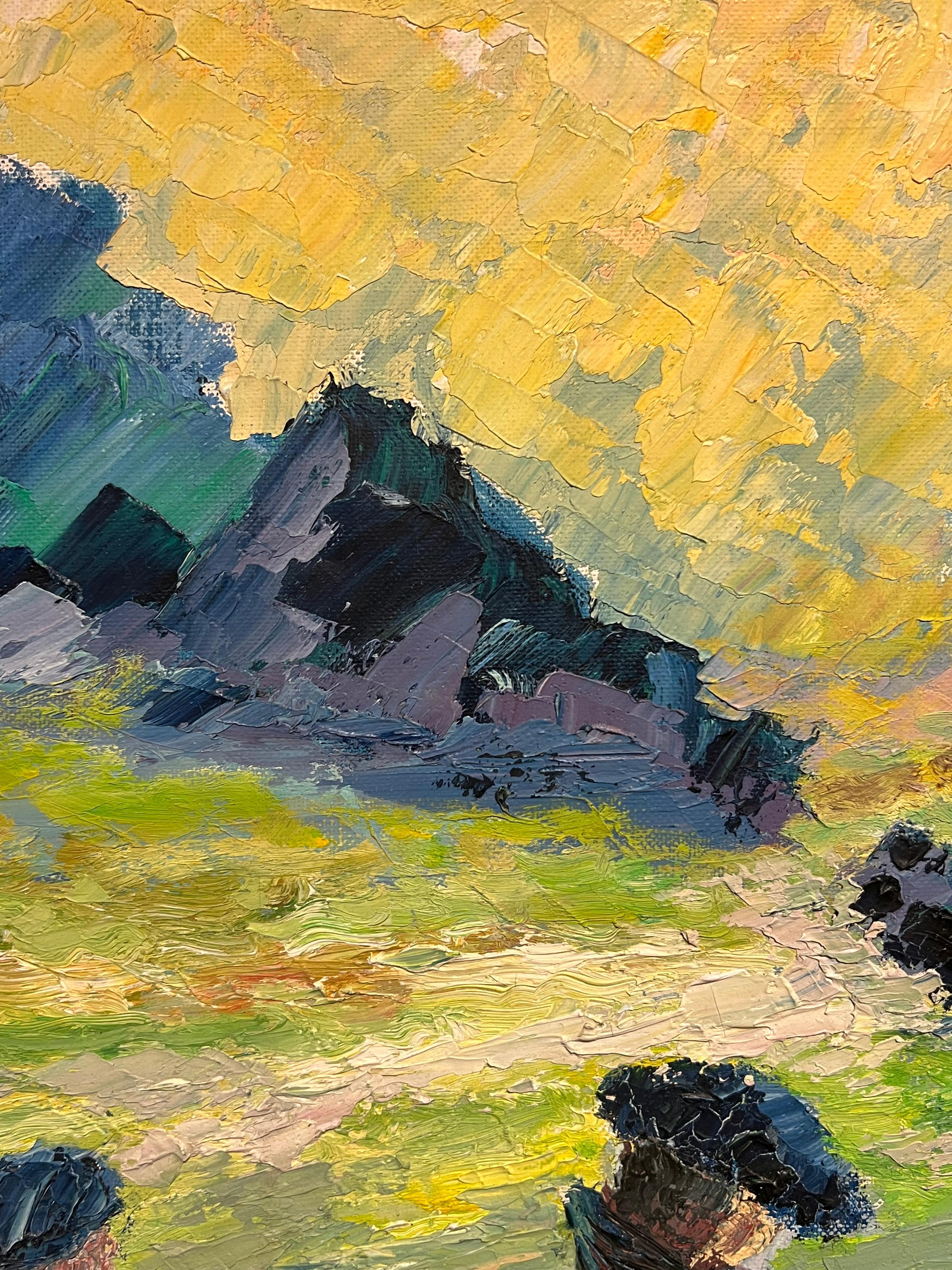 Pastori all'alba Grande dipinto a olio post-impressionista francese degli anni '70 - Landscape Painting Beige di J.Bredeche