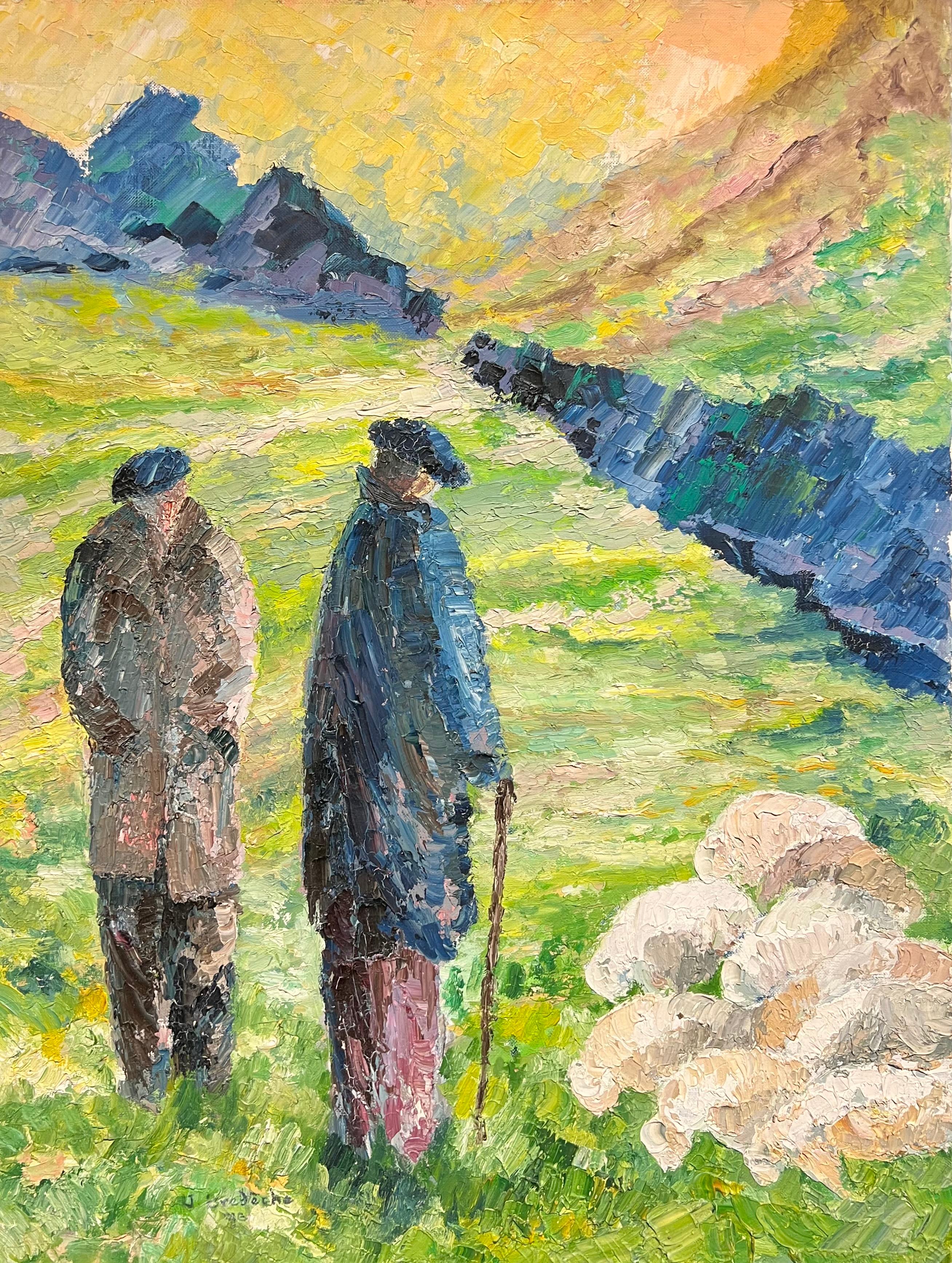 Landscape Painting di J.Bredeche - Pastori all'alba Grande dipinto a olio post-impressionista francese degli anni '70