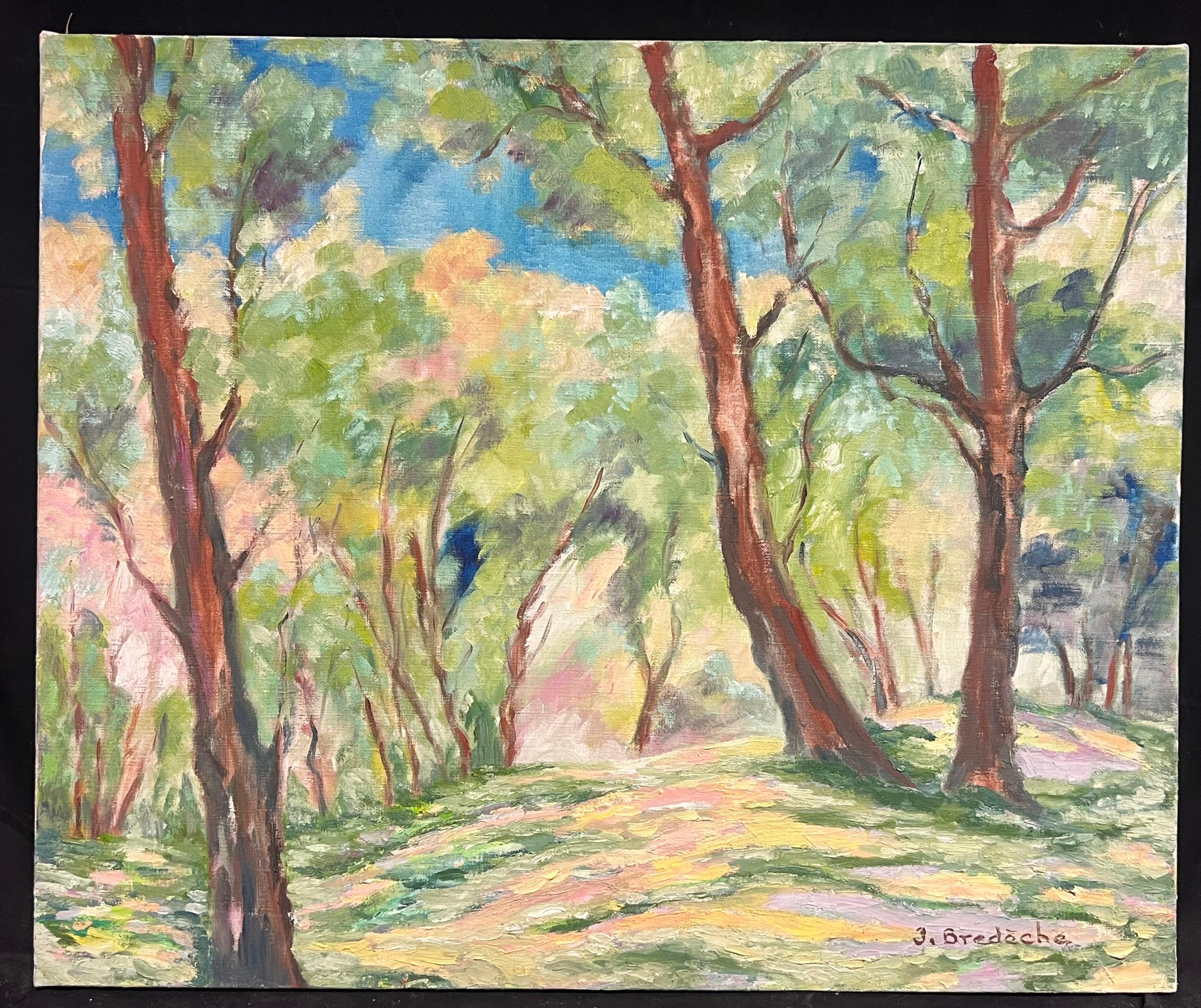 Paesaggio boschivo illuminato dal sole Grande dipinto a olio impressionista francese degli anni '70 - Painting di J.Bredeche