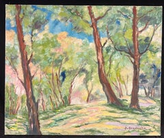 Paesaggio boschivo illuminato dal sole Grande dipinto a olio impressionista francese degli anni '70