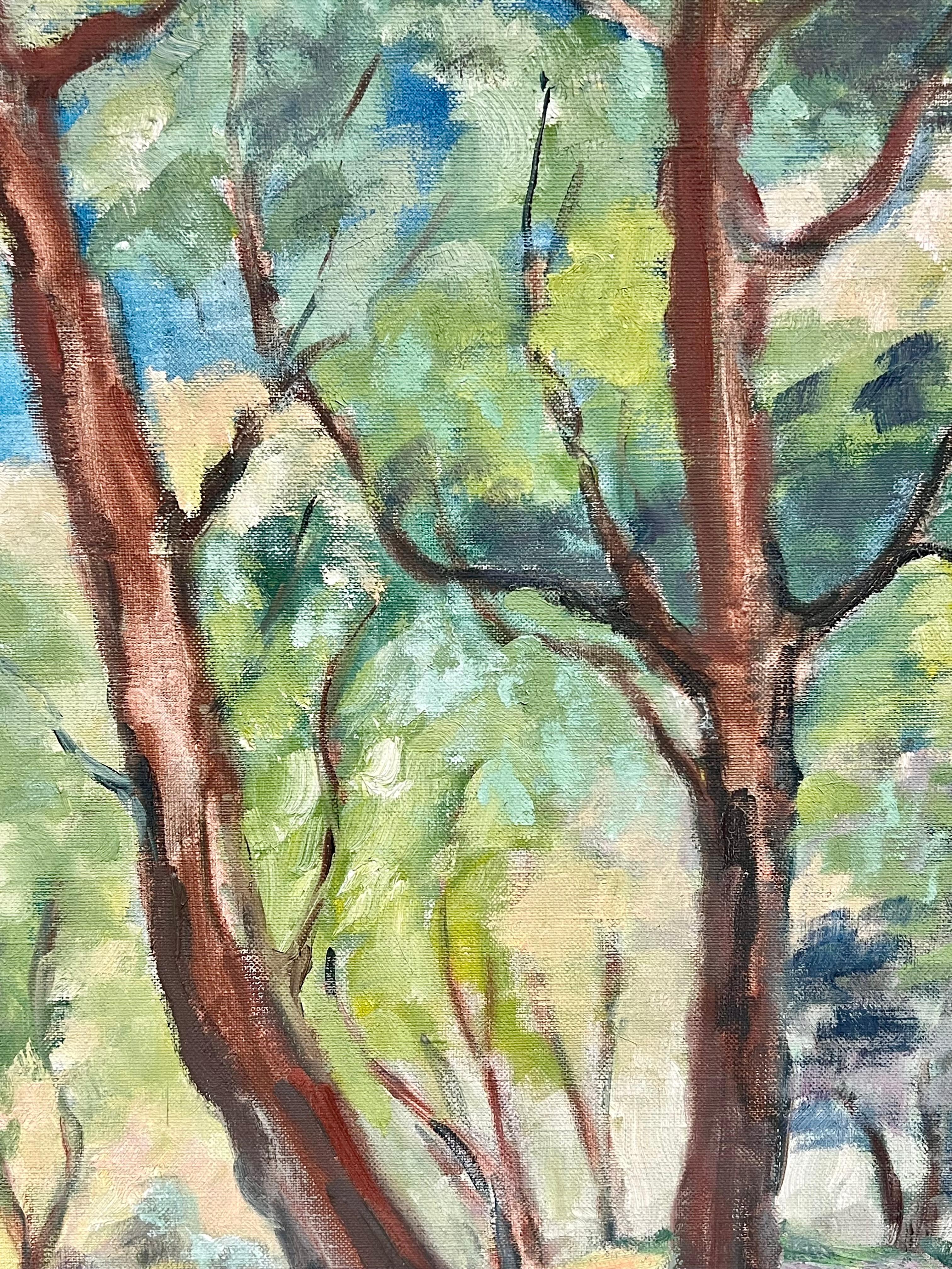 Paesaggio boschivo illuminato dal sole Grande dipinto a olio impressionista francese degli anni '70 - Painting Postimpressionismo di J.Bredeche