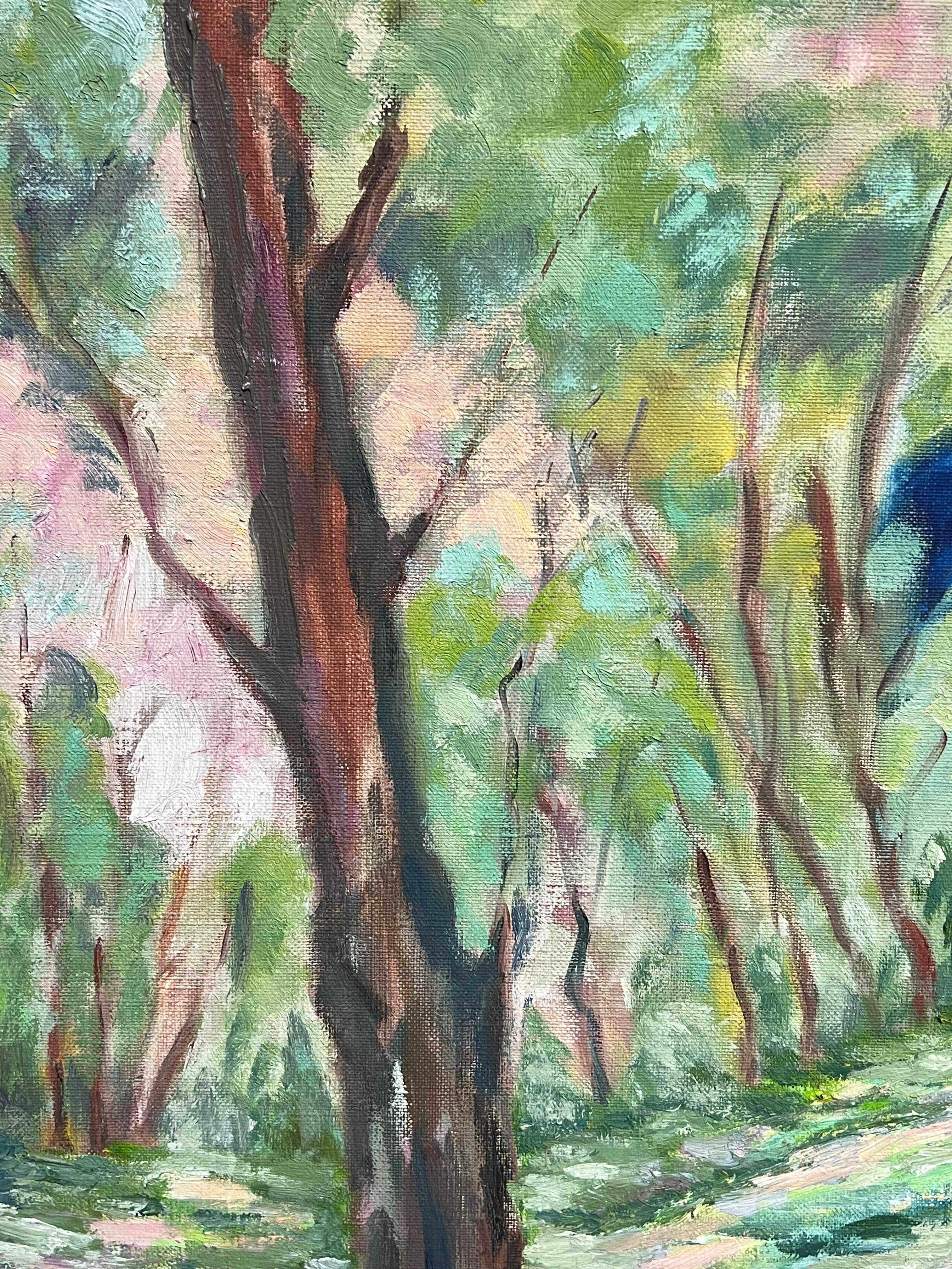 Paesaggio boschivo illuminato dal sole Grande dipinto a olio impressionista francese degli anni '70 in vendita 1