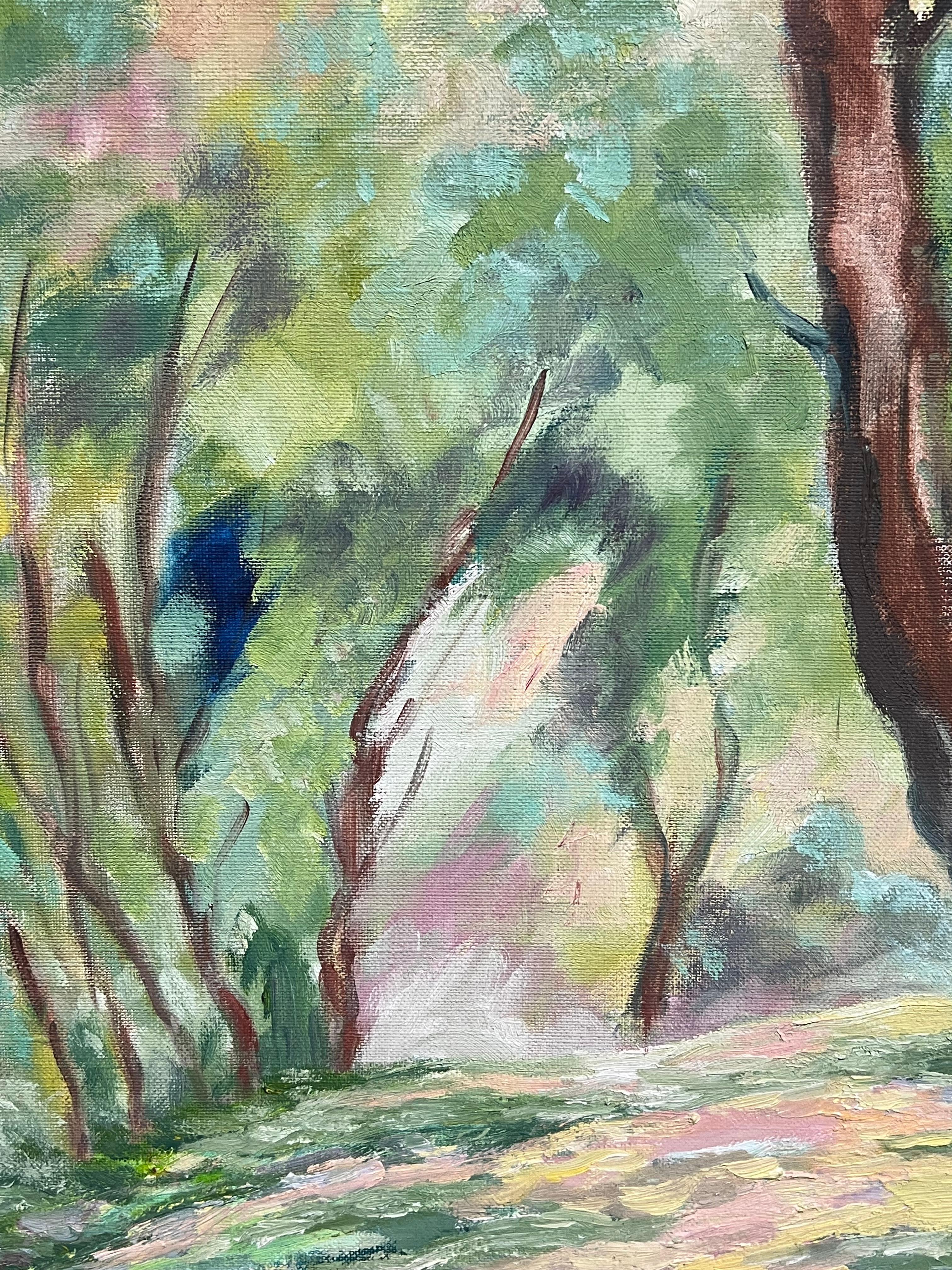 Paesaggio boschivo illuminato dal sole Grande dipinto a olio impressionista francese degli anni '70 in vendita 2