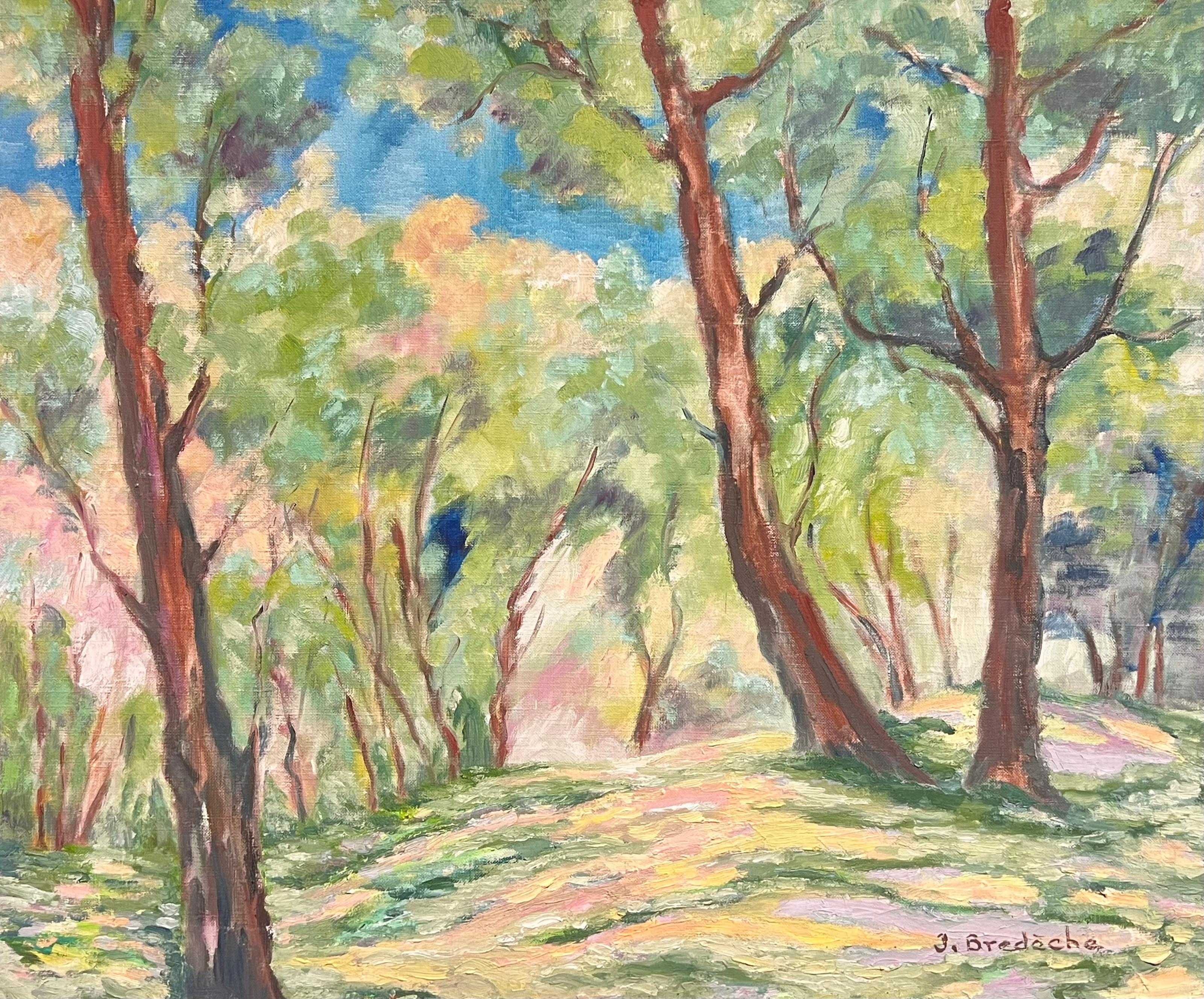 Landscape Painting di J.Bredeche - Paesaggio boschivo illuminato dal sole Grande dipinto a olio impressionista francese degli anni '70