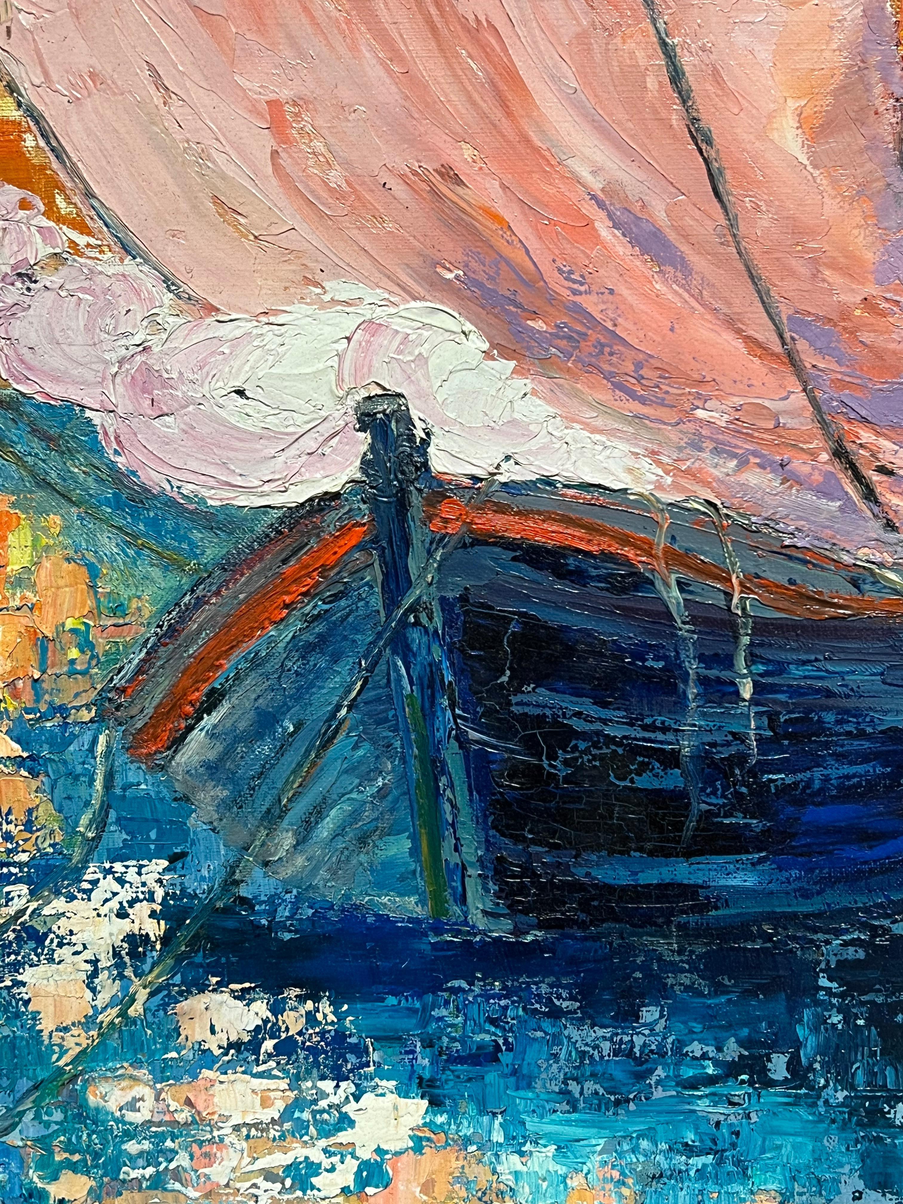 Vibrant French Harbor Scene Impressionist Oil Painting Sailboat Coastal Village For Sale 7