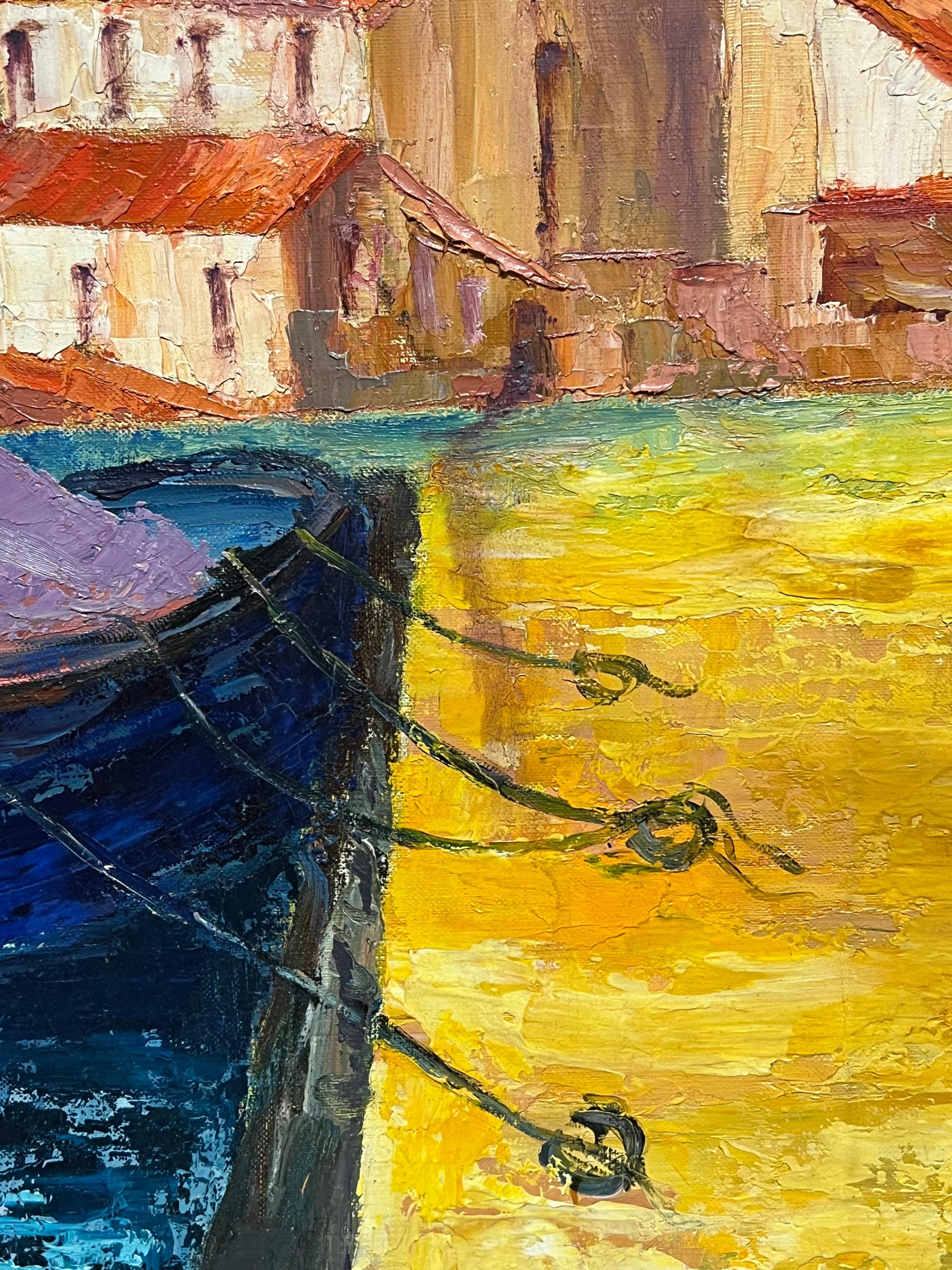 Vibrant French Harbor Scene Impressionist Oil Painting Sailboat Coastal Village For Sale 9