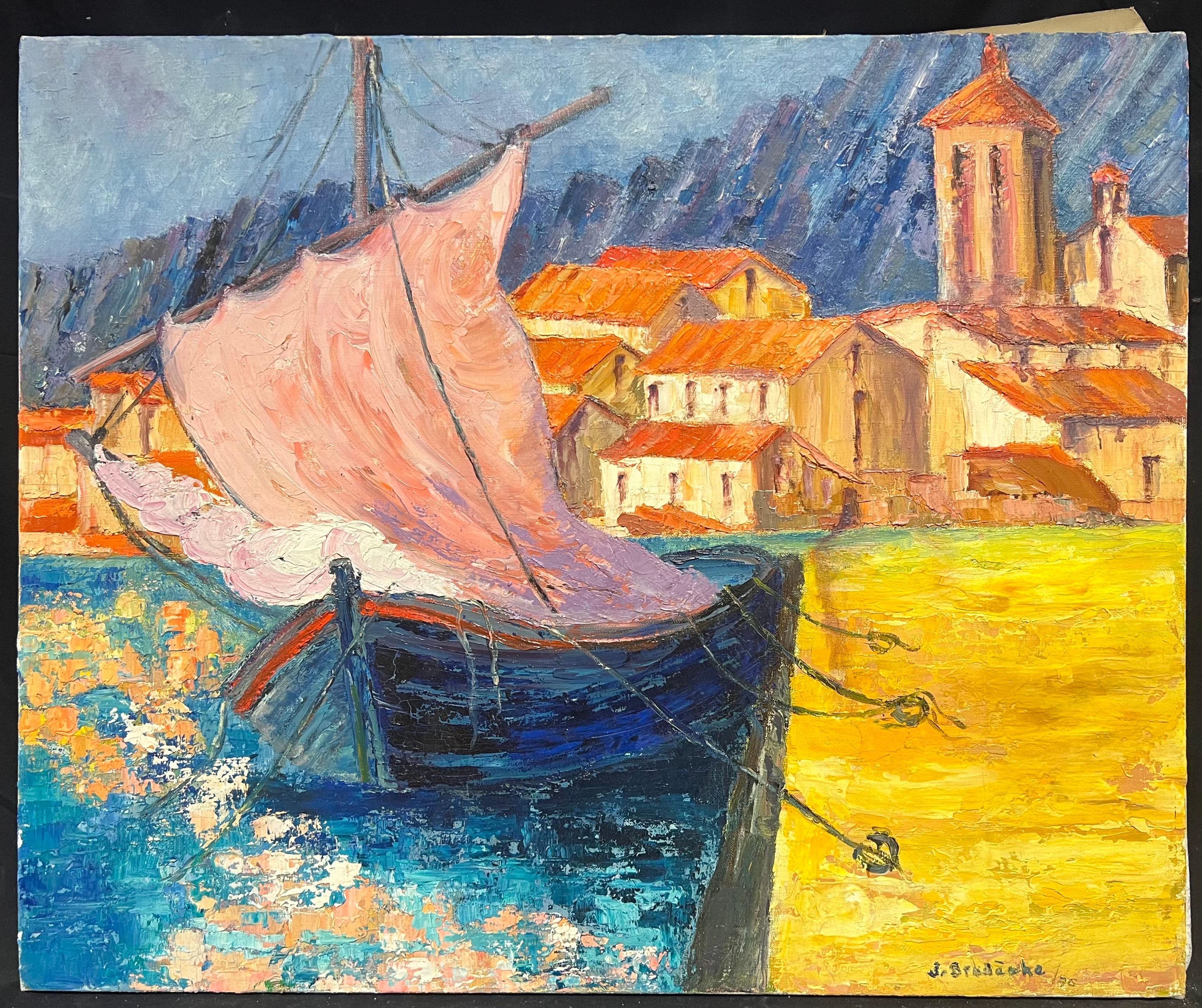 Vibrant French Harbor Scene Impressionist Oil Painting Sailboat Coastal Village - Brown Landscape Painting by J.Bredeche