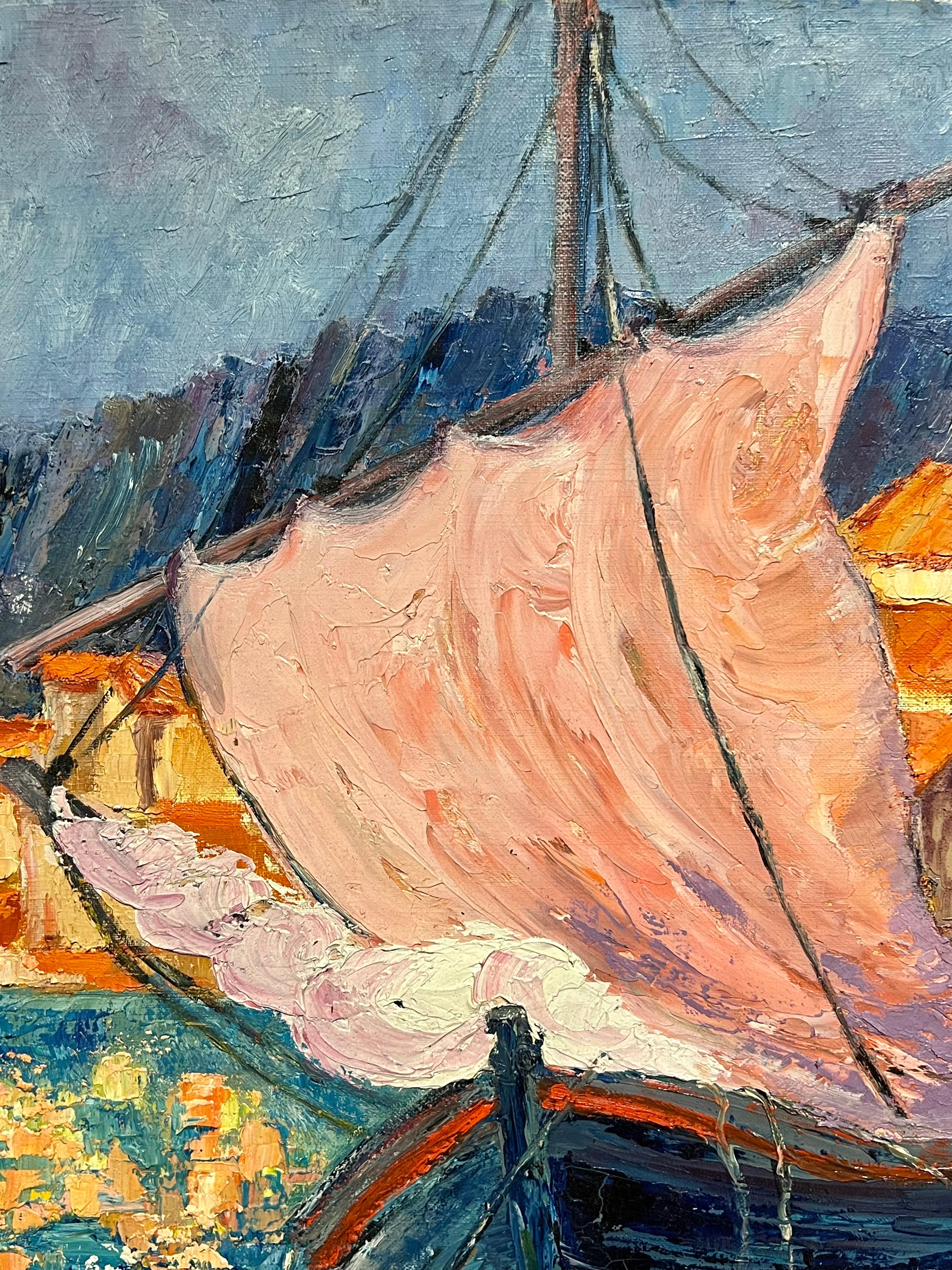 Vibrant French Harbor Scene Impressionist Oil Painting Sailboat Coastal Village For Sale 1
