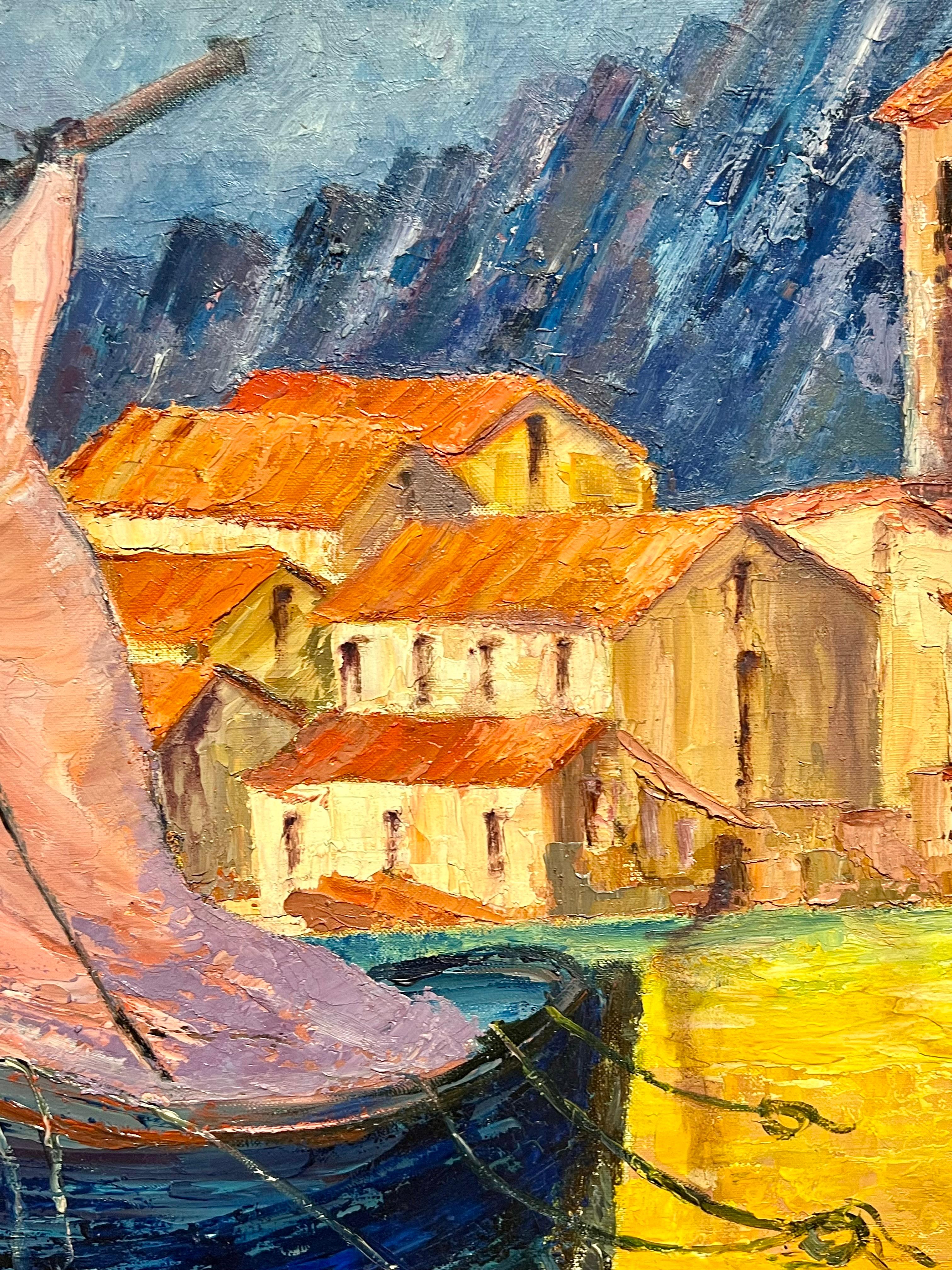 Vibrant French Harbor Scene Impressionist Oil Painting Sailboat Coastal Village For Sale 2