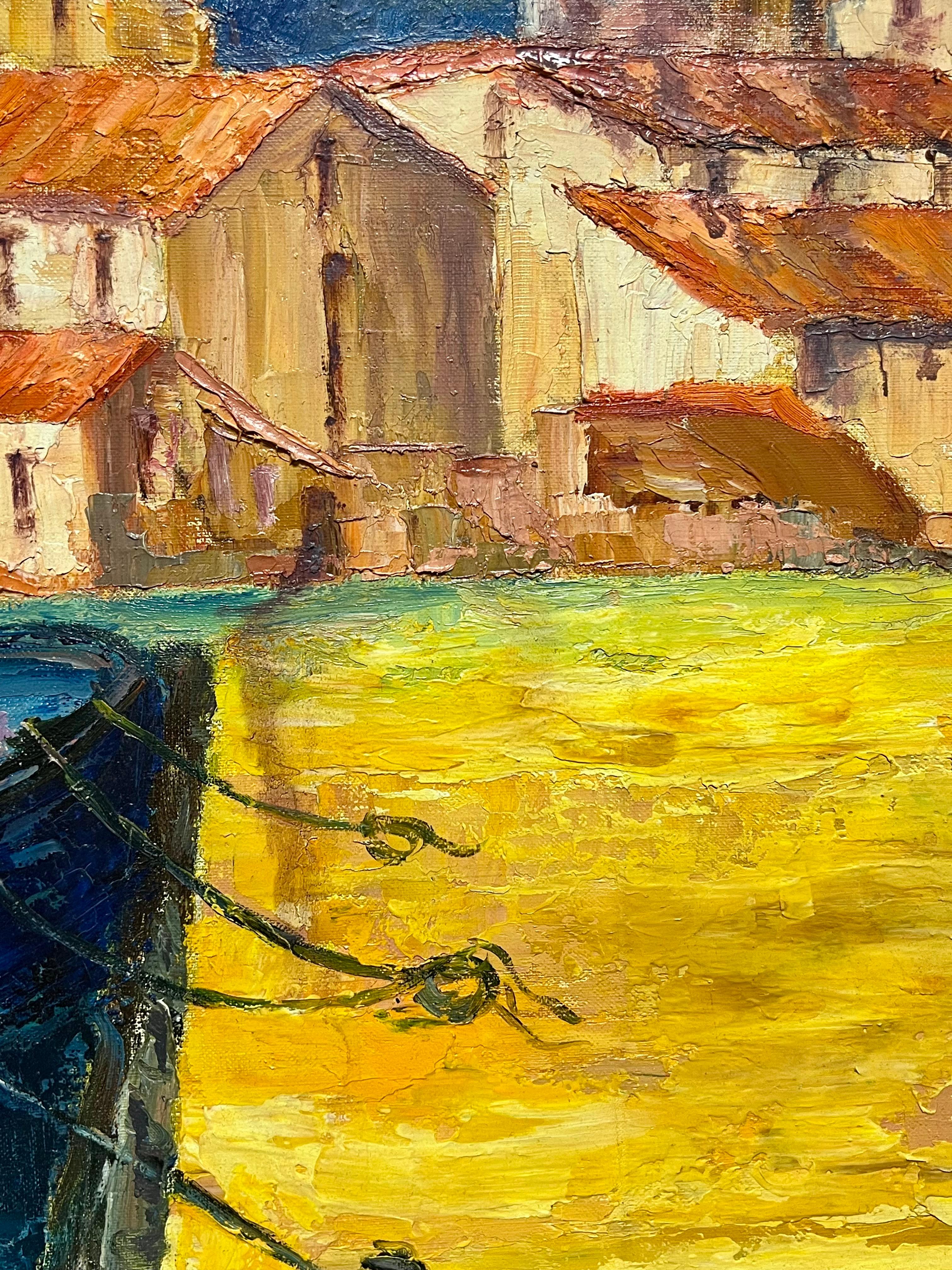 Vibrant French Harbor Scene Impressionist Oil Painting Sailboat Coastal Village For Sale 3