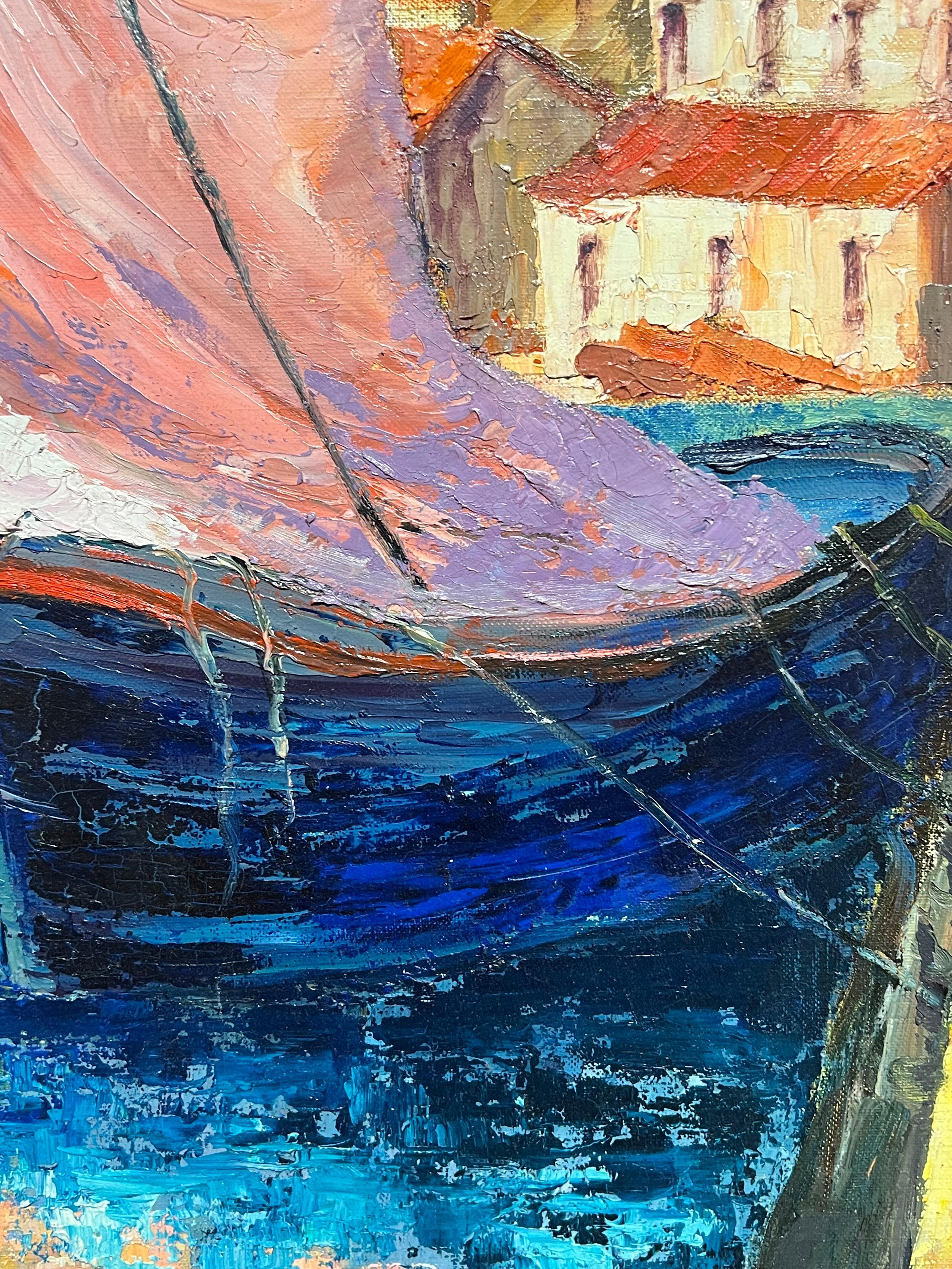 Vibrant French Harbor Scene Impressionist Oil Painting Sailboat Coastal Village For Sale 4