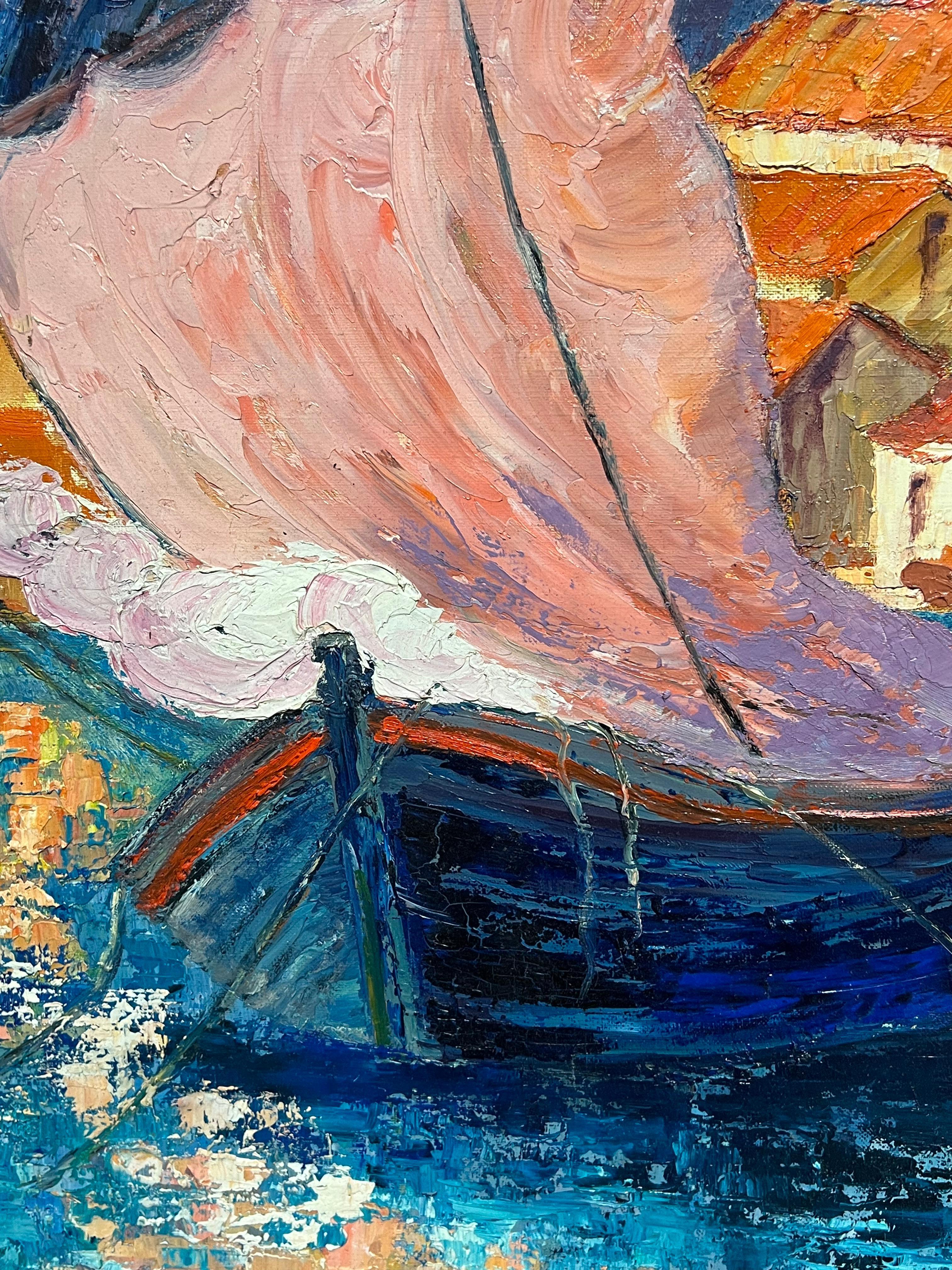 Vibrant French Harbor Scene Impressionist Oil Painting Sailboat Coastal Village For Sale 5