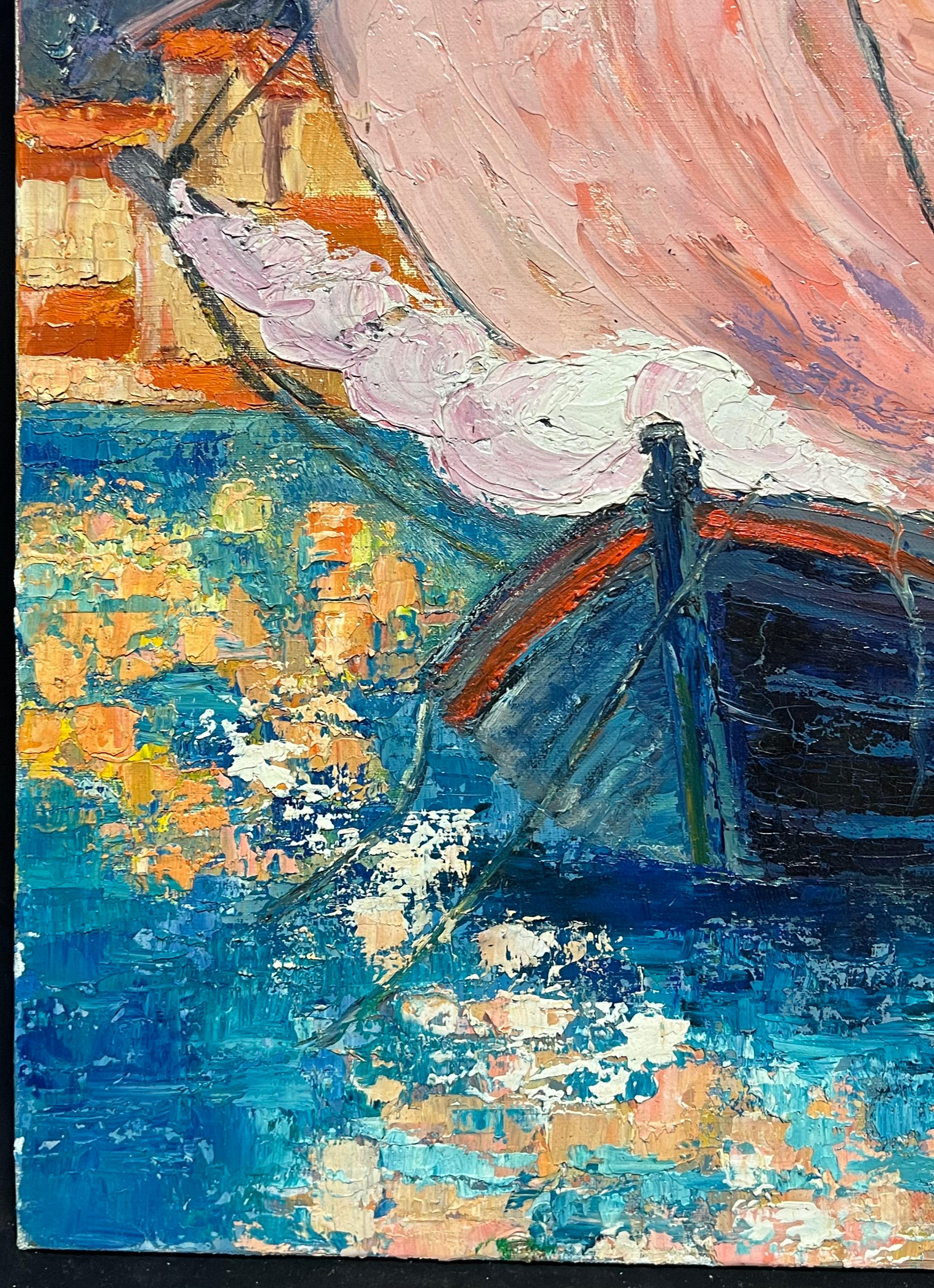 Vibrant French Harbor Scene Impressionist Oil Painting Sailboat Coastal Village For Sale 6