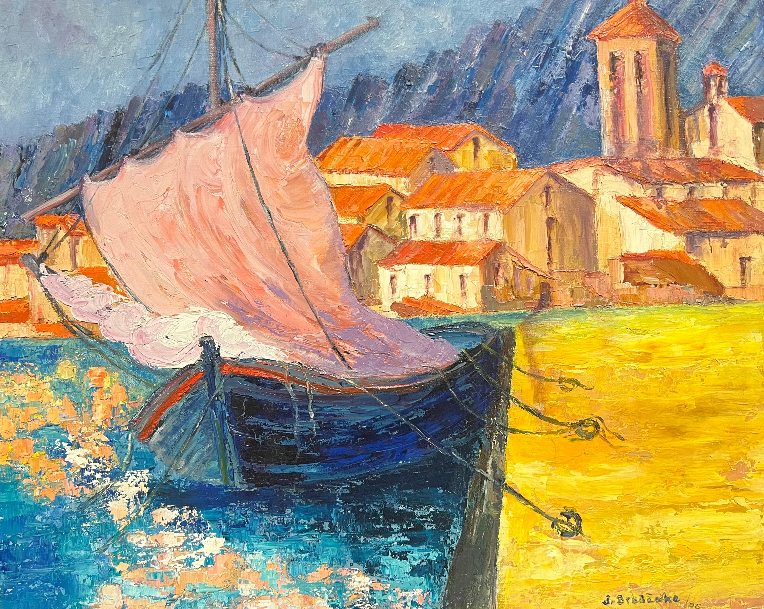J.Bredeche Landscape Painting - Vibrant French Harbor Scene Impressionist Oil Painting Sailboat Coastal Village