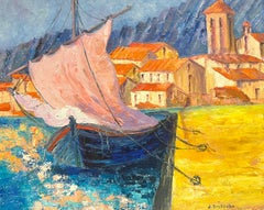 Vibrant French Harbor Scene Impressionist Oil Painting Sailboat Coastal Village