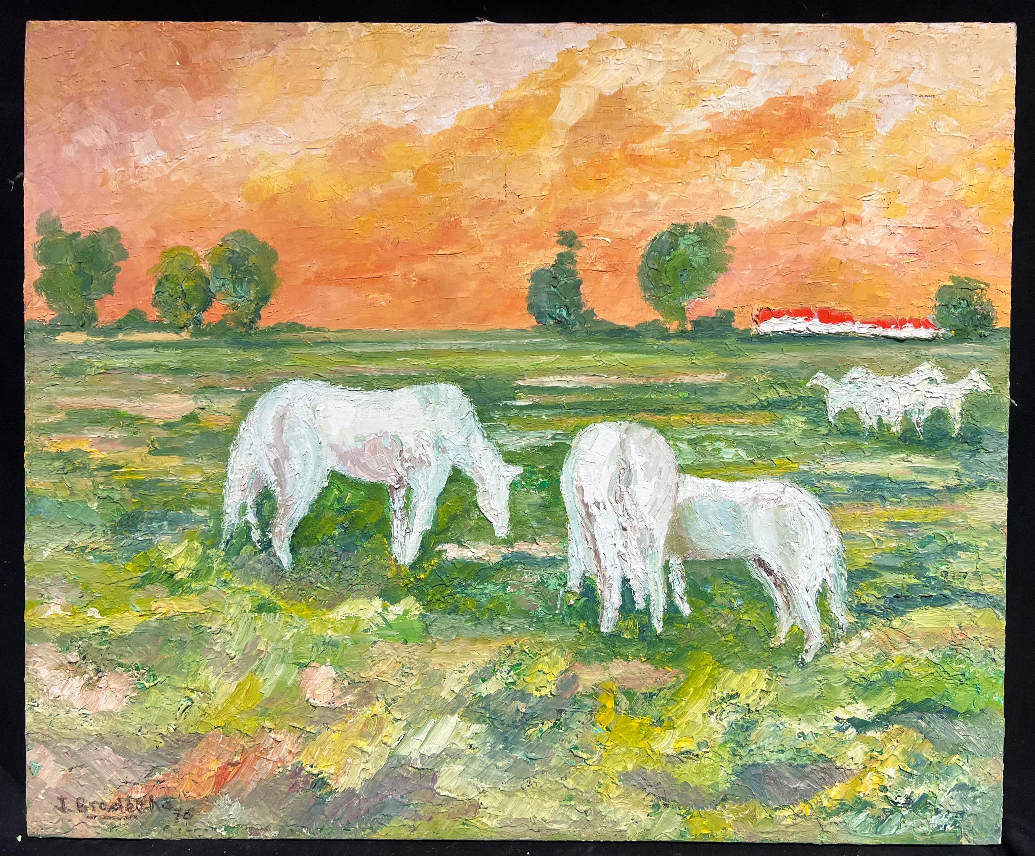 Weiße Pferde beim Sonnenuntergang, lebendig, französisches postimpressionistisches Ölgemälde – Painting von J.Bredeche