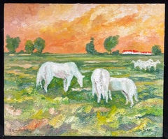 White Horses Grazing at Sunset Vibrant French Post-Impressionist Oil Painting