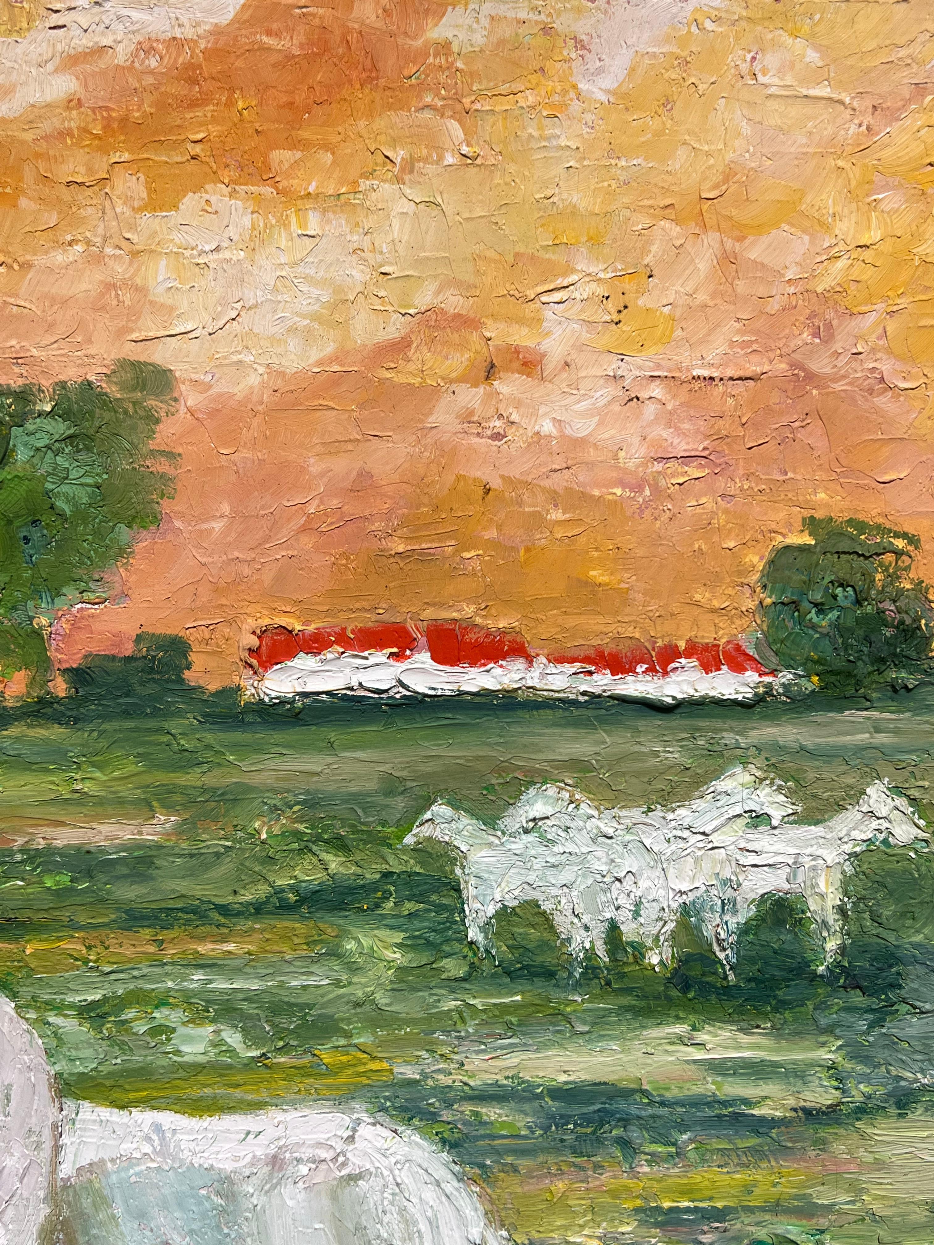 Weiße Pferde beim Sonnenuntergang, lebendig, französisches postimpressionistisches Ölgemälde (Post-Impressionismus), Painting, von J.Bredeche
