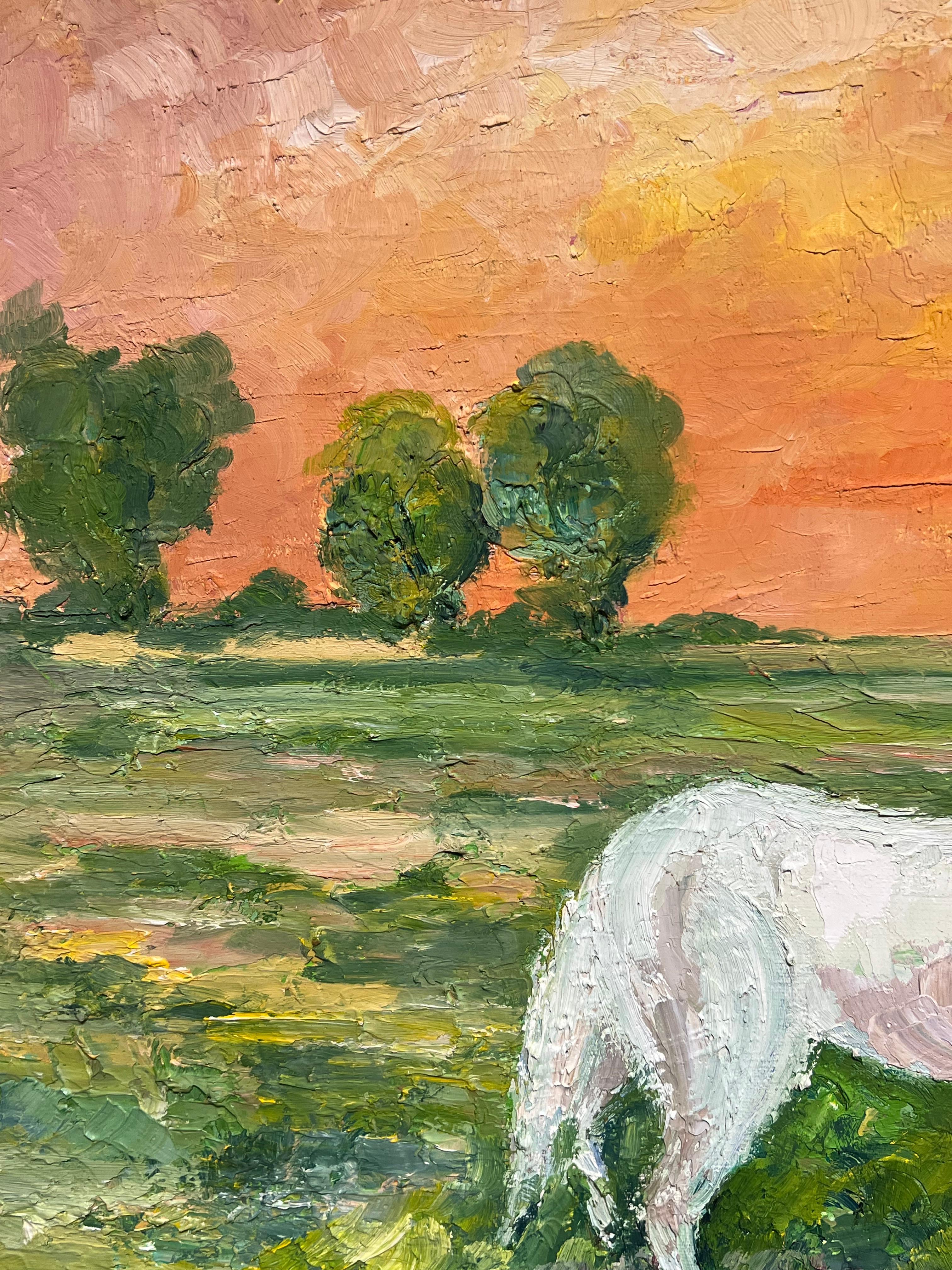 Weiße Pferde beim Sonnenuntergang, lebendig, französisches postimpressionistisches Ölgemälde im Angebot 2