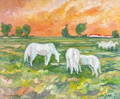 Chevaux blancs broutant au coucher du soleil Peinture à l'huile post-impressionniste française vibrante