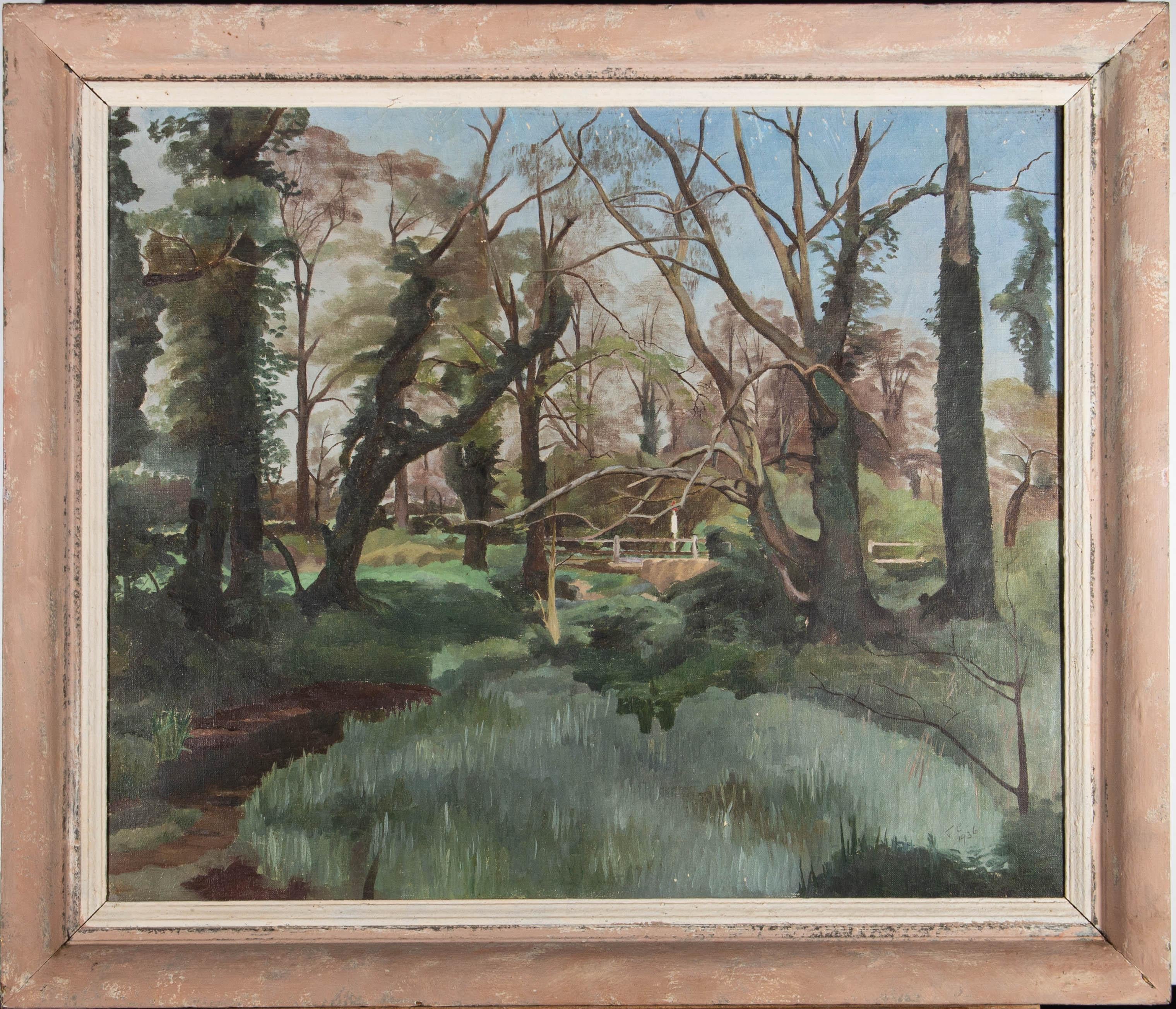 A fine and accomplished oil painting, depicting a woodland scene with a small wooden fence in the distance. The artist has used various shades of green and blue to create this thoughtful and harmonious composition. Monogrammed and dated to the lower