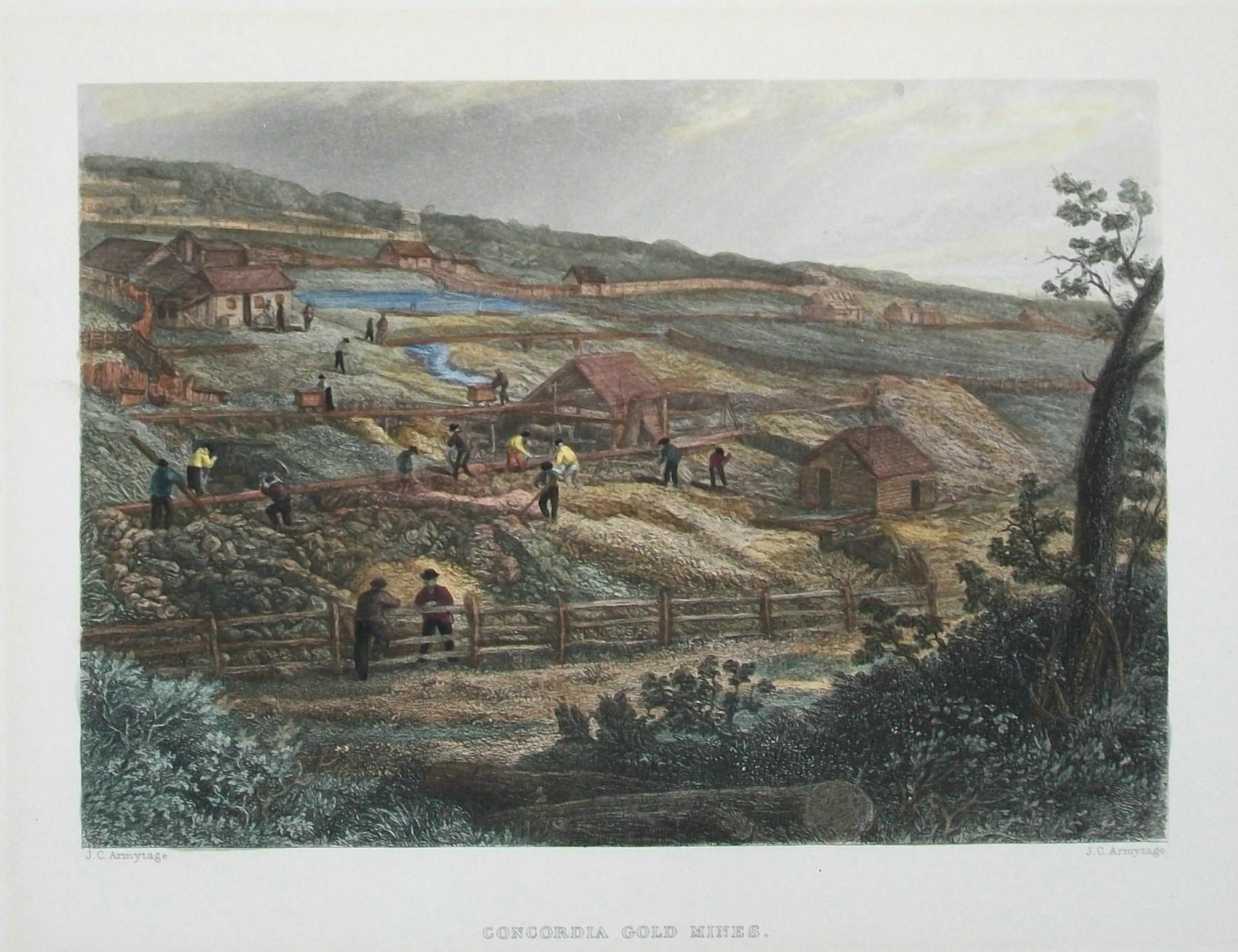 JAMES CHARLES ARMYTAGE (1820-1897) - 'Concordia Gold Mines' - Antiker Stahlstich aus 'Australia' von Edwin Carton Booth's - handkoloriert - unten mittig betitelt - rechts unten signiert - Vereinigtes Königreich - um 1874.

Ausgezeichneter antiker