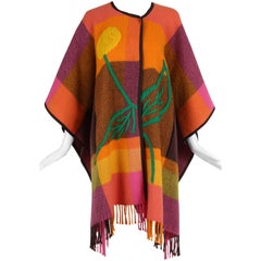 JC de Castelbajac Plaid Wool Poncho with Oversized Embroidered Flower Design