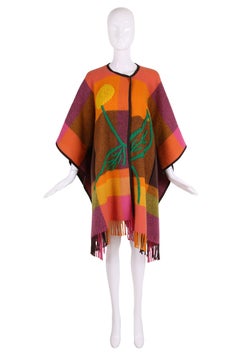 JC de Castelbajac Plaid Wool Poncho with Oversized Embroidered Flower Design