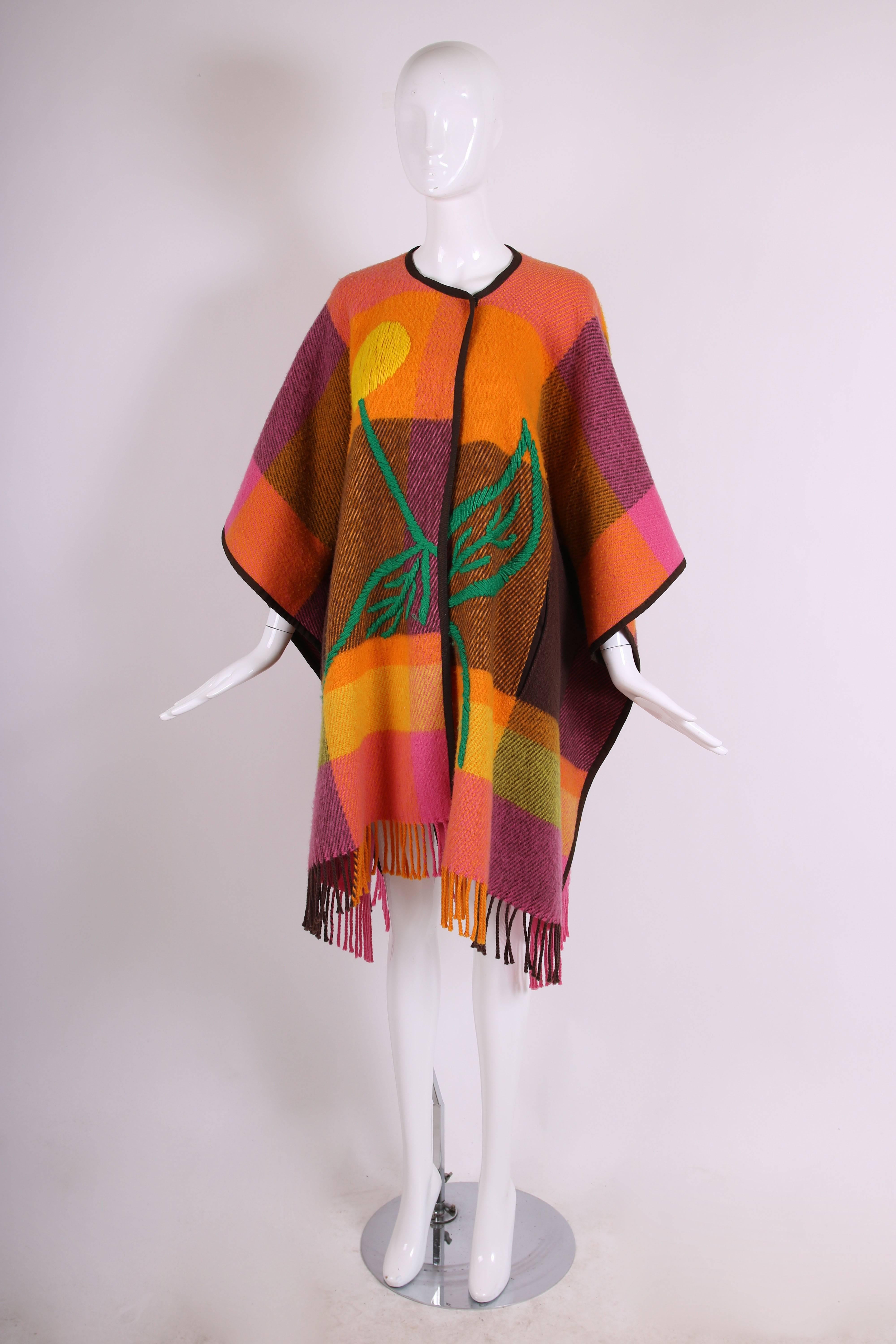Brown JC de Castelbajac Plaid Wool Poncho with Oversized Embroidered Flower Design