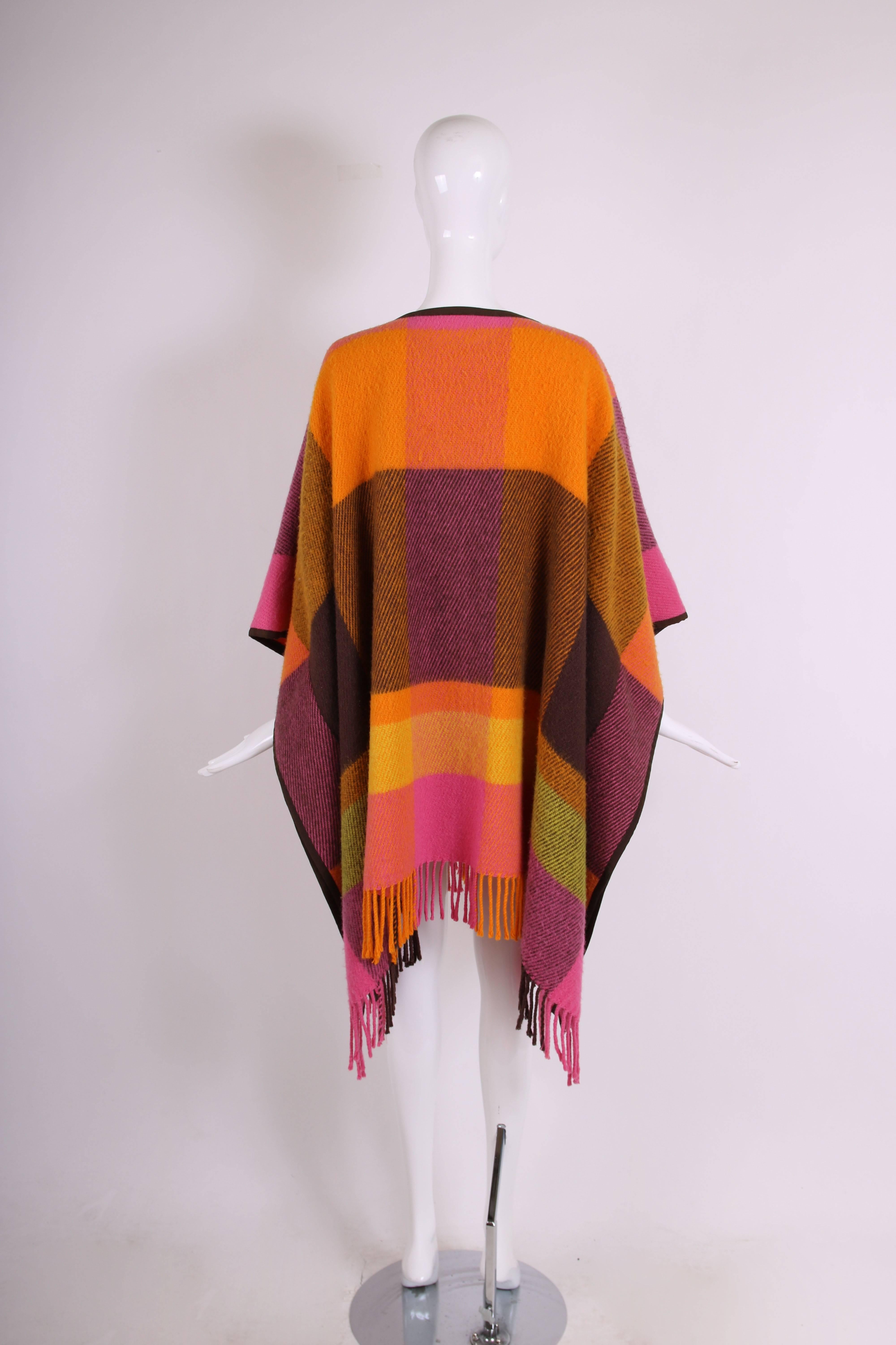 Women's JC de Castelbajac Plaid Wool Poncho with Oversized Embroidered Flower Design