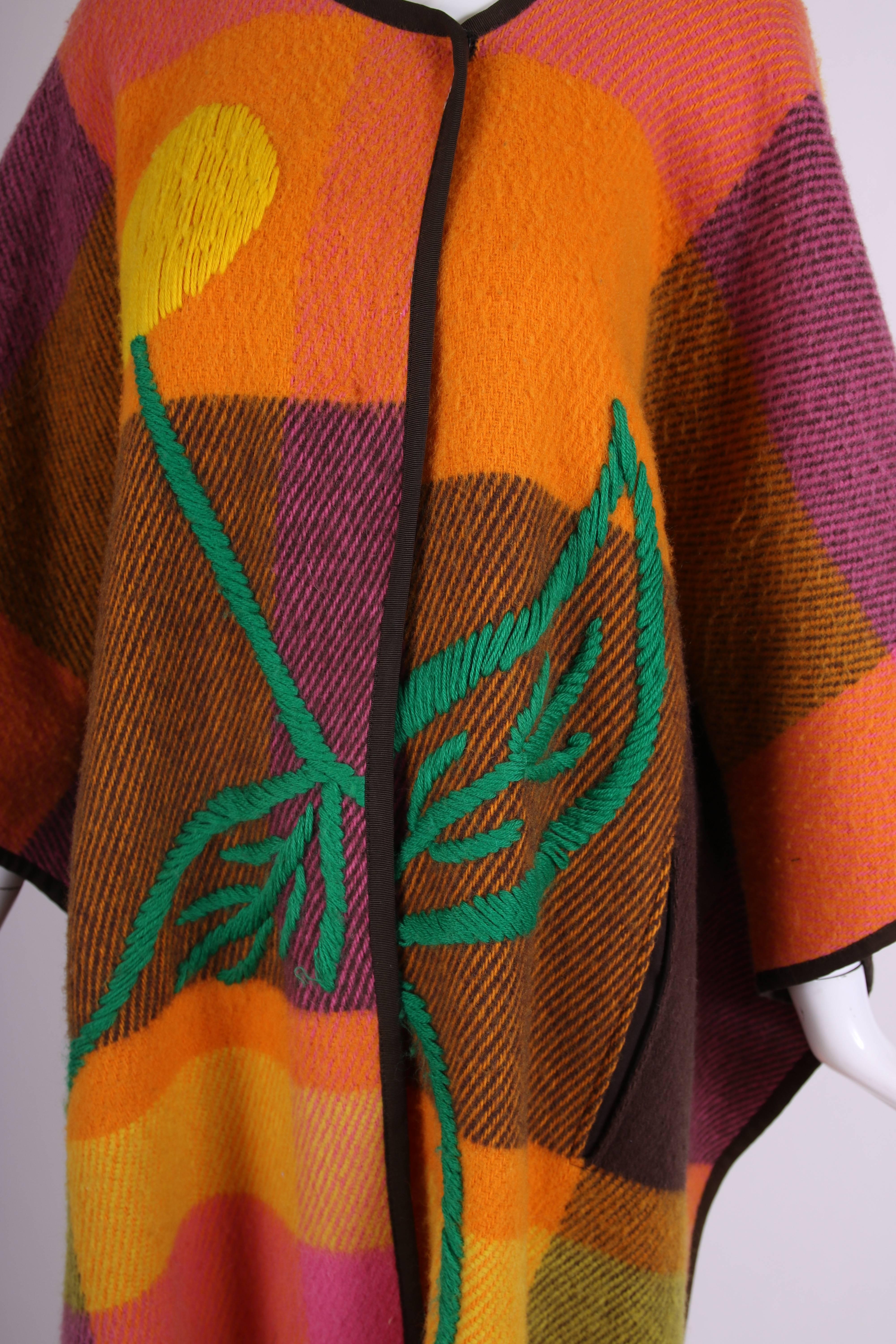 JC de Castelbajac Plaid Wool Poncho with Oversized Embroidered Flower Design 1