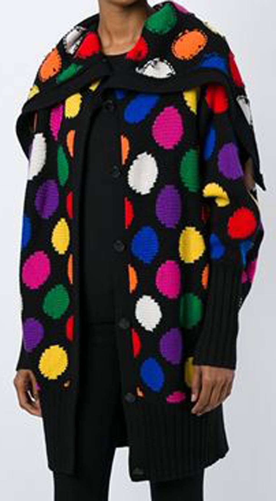 Jc De Castelbajac multicolour wool blend dot oversized jacket featuring a centre front logo button fastening and a large rolled collar. 
In good vintage condition. Made in France.
Label size:S  Estimated size: Large S/M
We guarantee you will receive