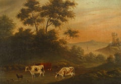 Landscape of Cows by a Stream, Victorian Oil Painting, 19th Century