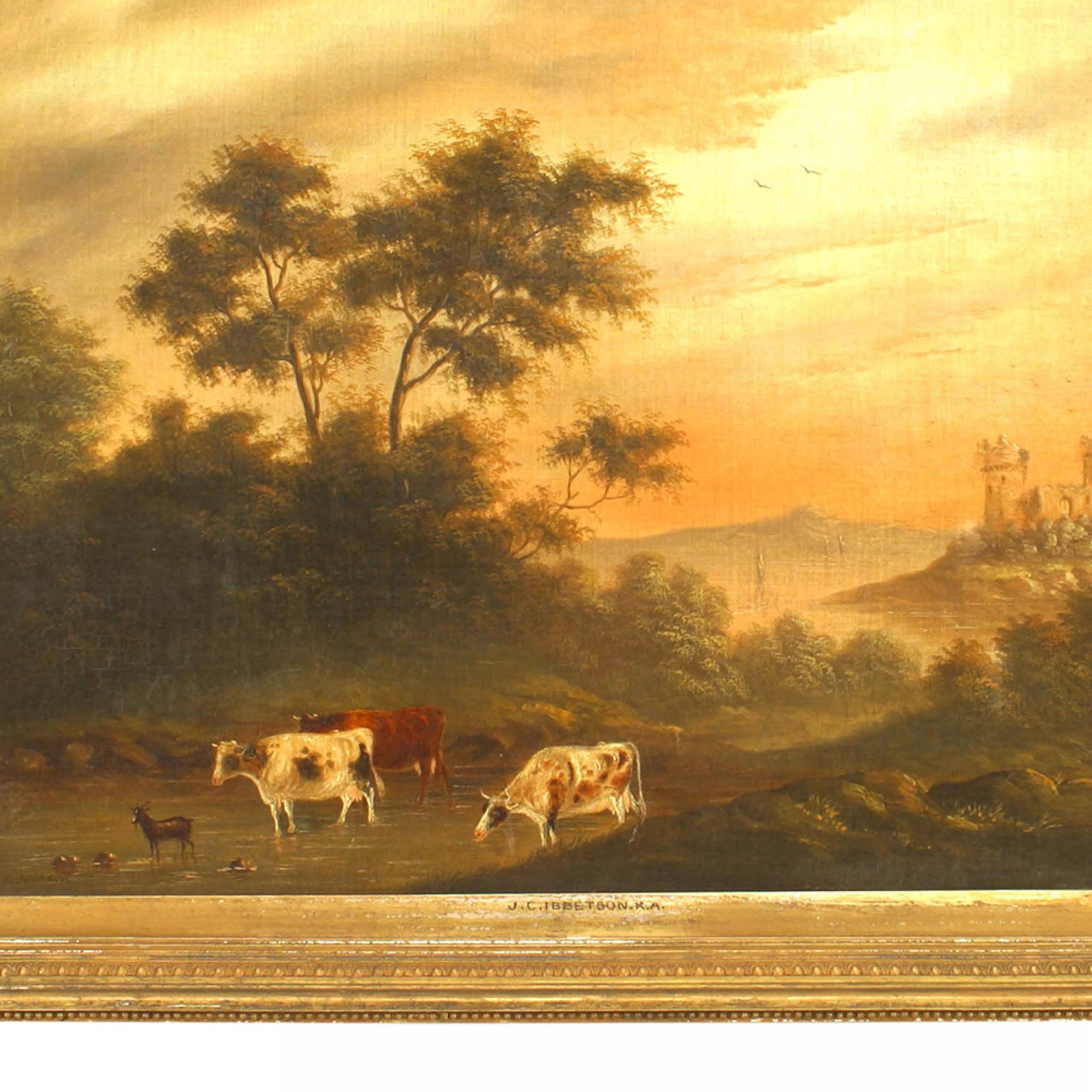J.C. Ibbetson Landschaft von Kühen an einem Fluss (Handbemalt) im Angebot