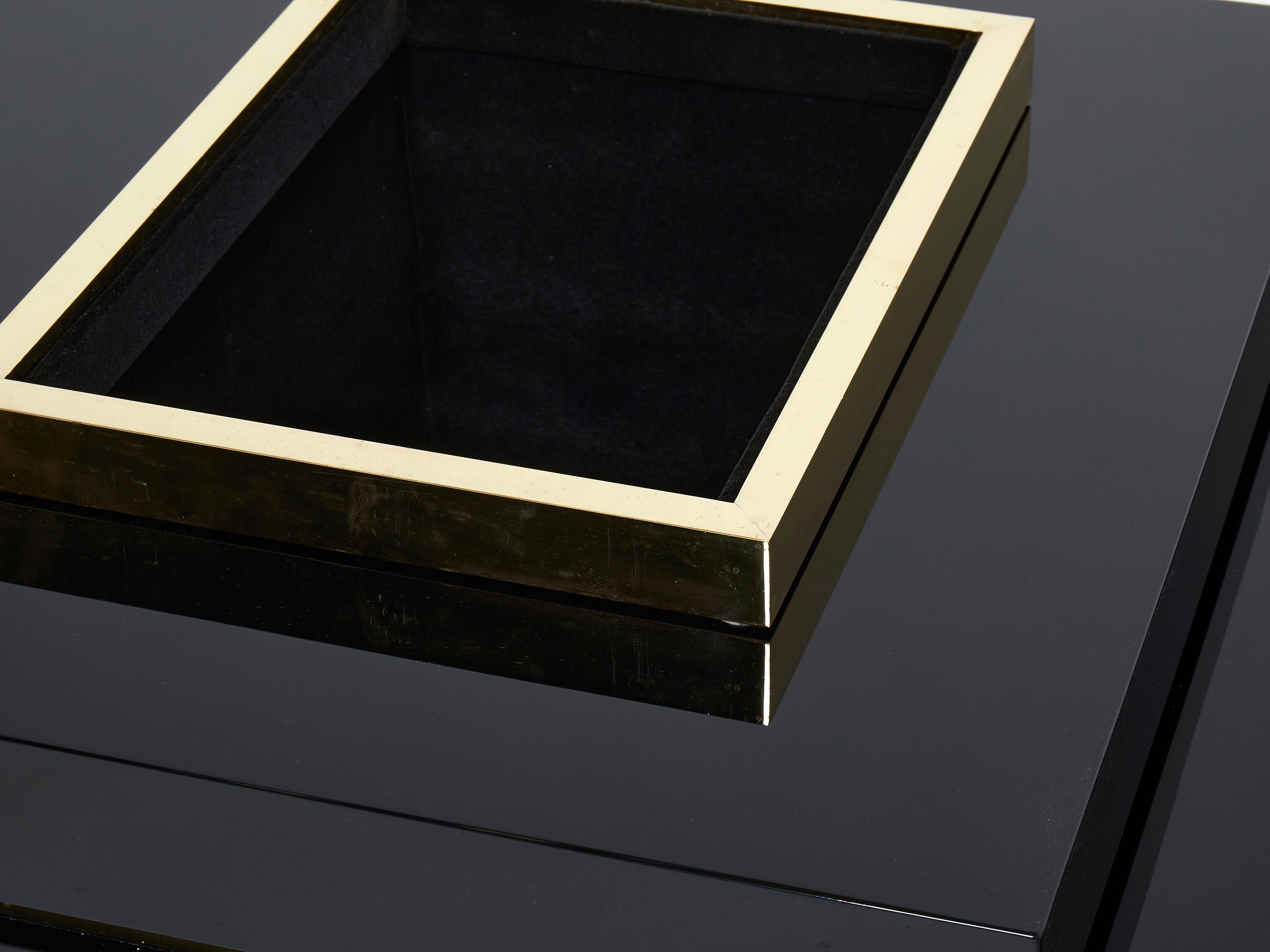 J.C. Mahey Black Lacquer and Brass Bar Coffee Table 1970s For Sale 4
