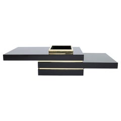 Vintage J.C. Mahey Black Lacquer and Brass Bar Coffee Table 1970s