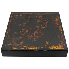 J.C. Mahey Black Orange Lacquer and Leather Coffee Table, 1970s