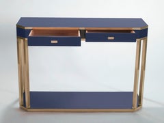 J.C. Mahey Blue Lacquer and Brass Console, 1970s