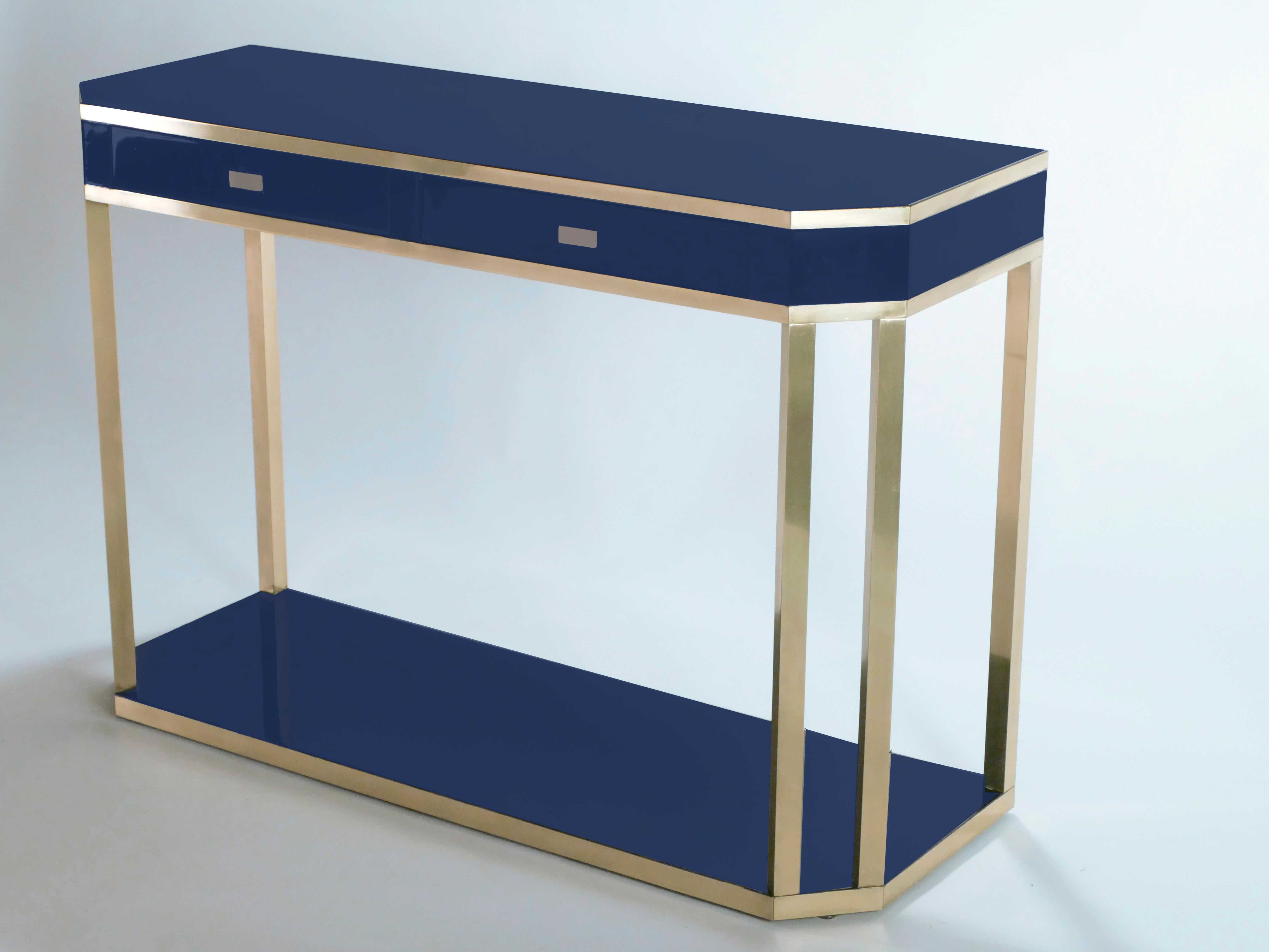 Hollywood Regency J.C. Mahey Blue Lacquer and Brass Console, 1970s