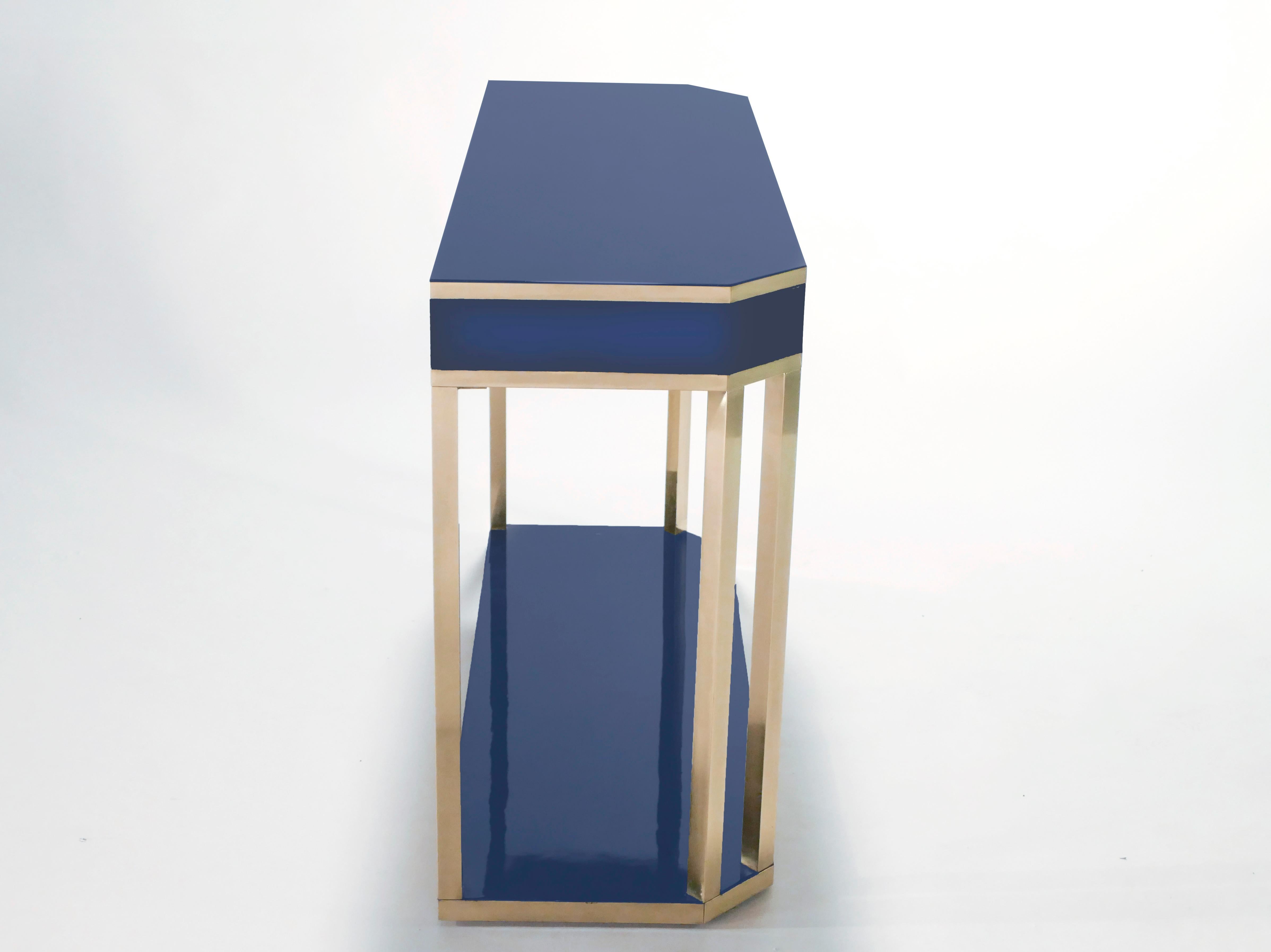 French J.C. Mahey Blue Lacquer and Brass Console, 1970s