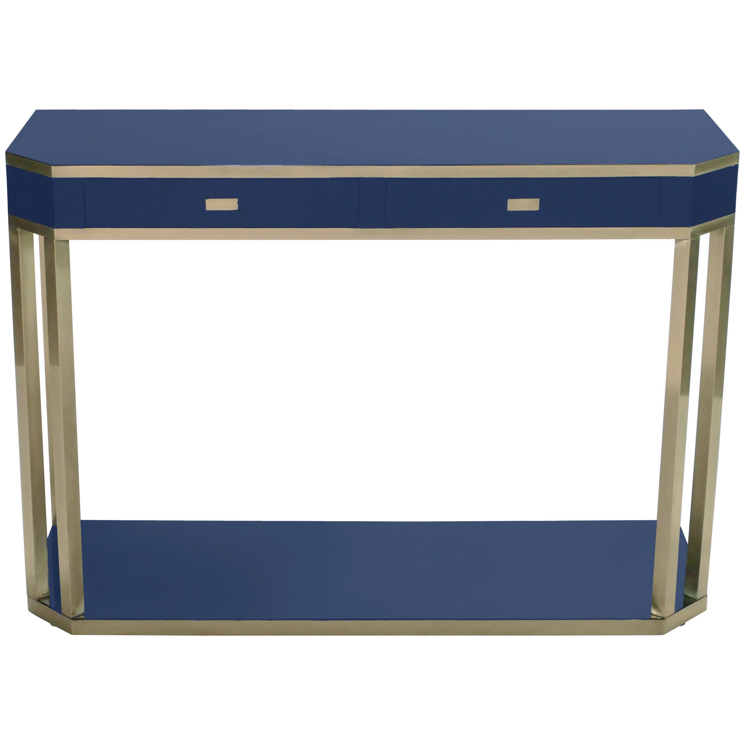 J.C. Mahey Blue Lacquer and Brass Console, 1970s