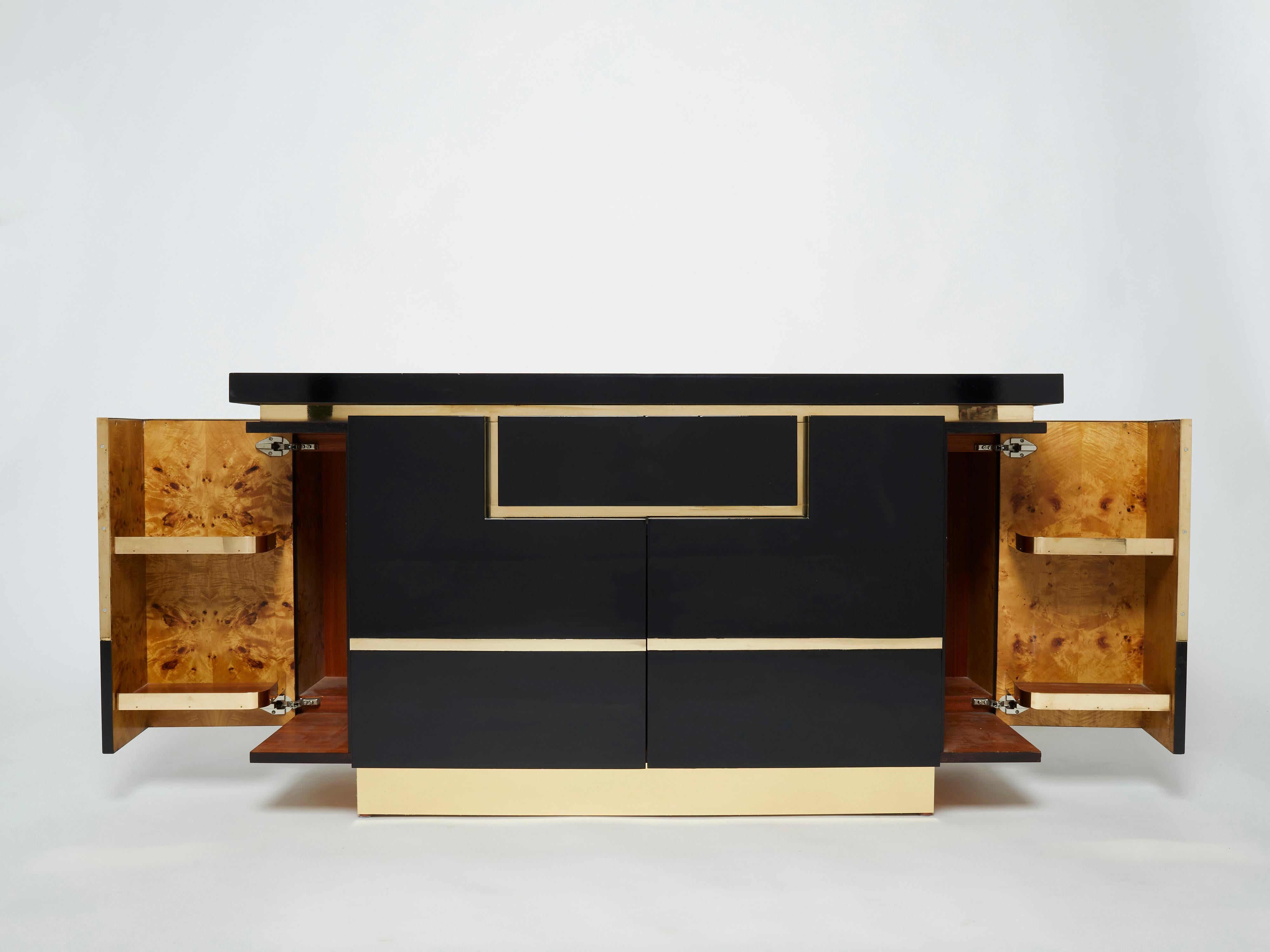 French J.C. Mahey Brass Black Lacquered Sideboard Bar Cabinet 1970s For Sale