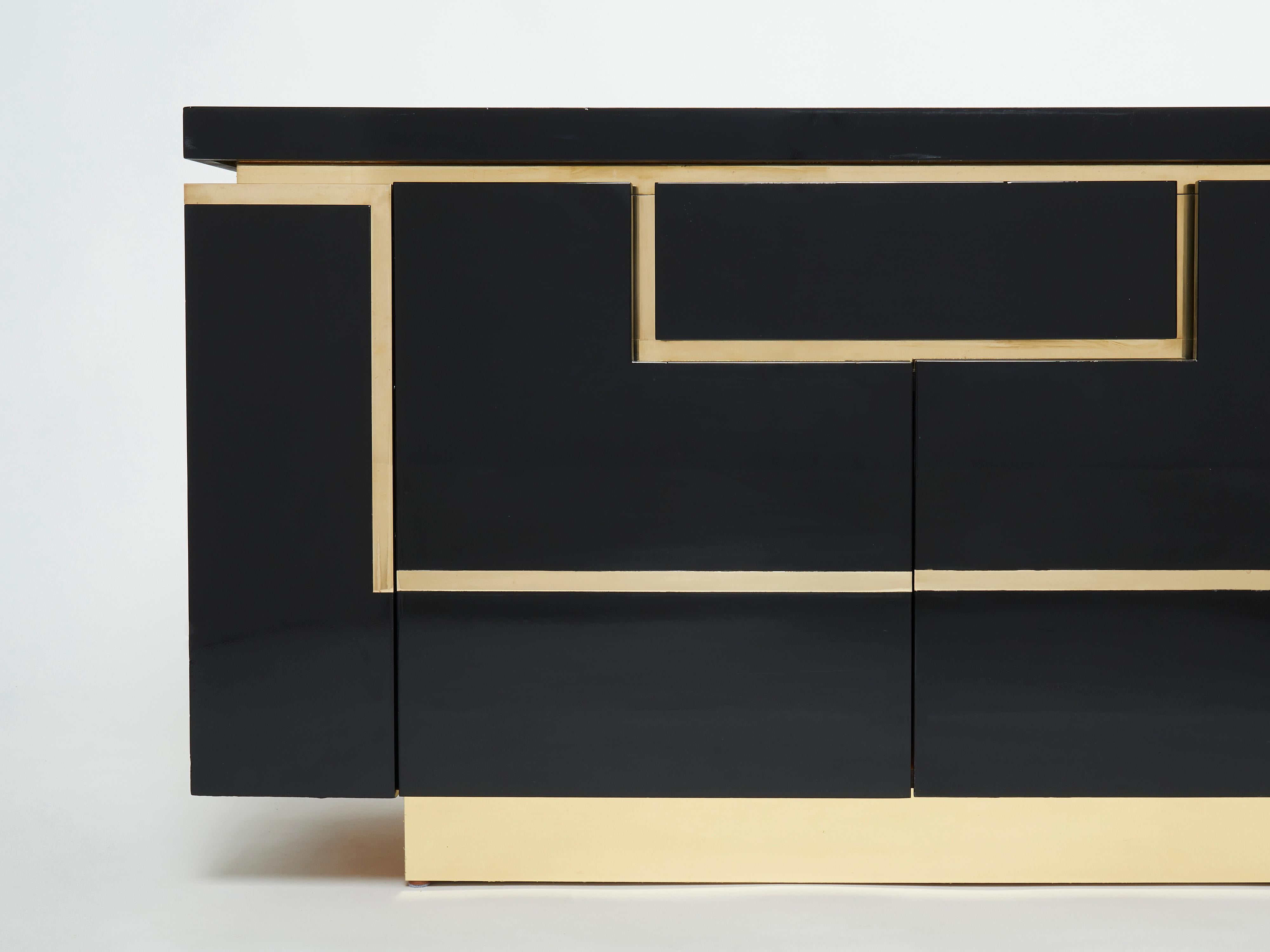 J.C. Mahey Brass Black Lacquered Sideboard Bar Cabinet 1970s For Sale 1