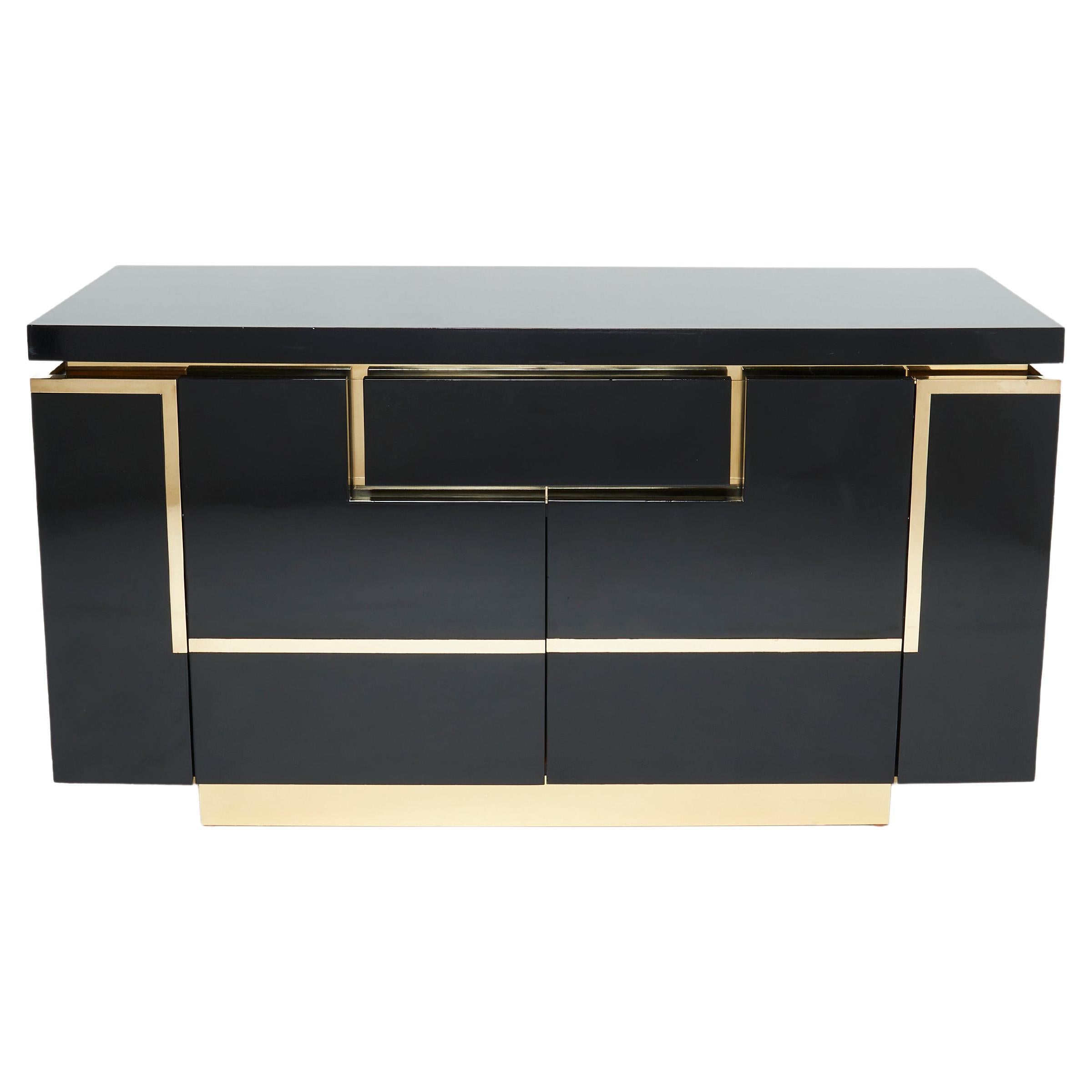 J.C. Mahey Brass Black Lacquered Sideboard Bar Cabinet 1970s