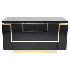 Vintage J.C. Mahey Brass Black Lacquered Sideboard Bar Cabinet 1970s