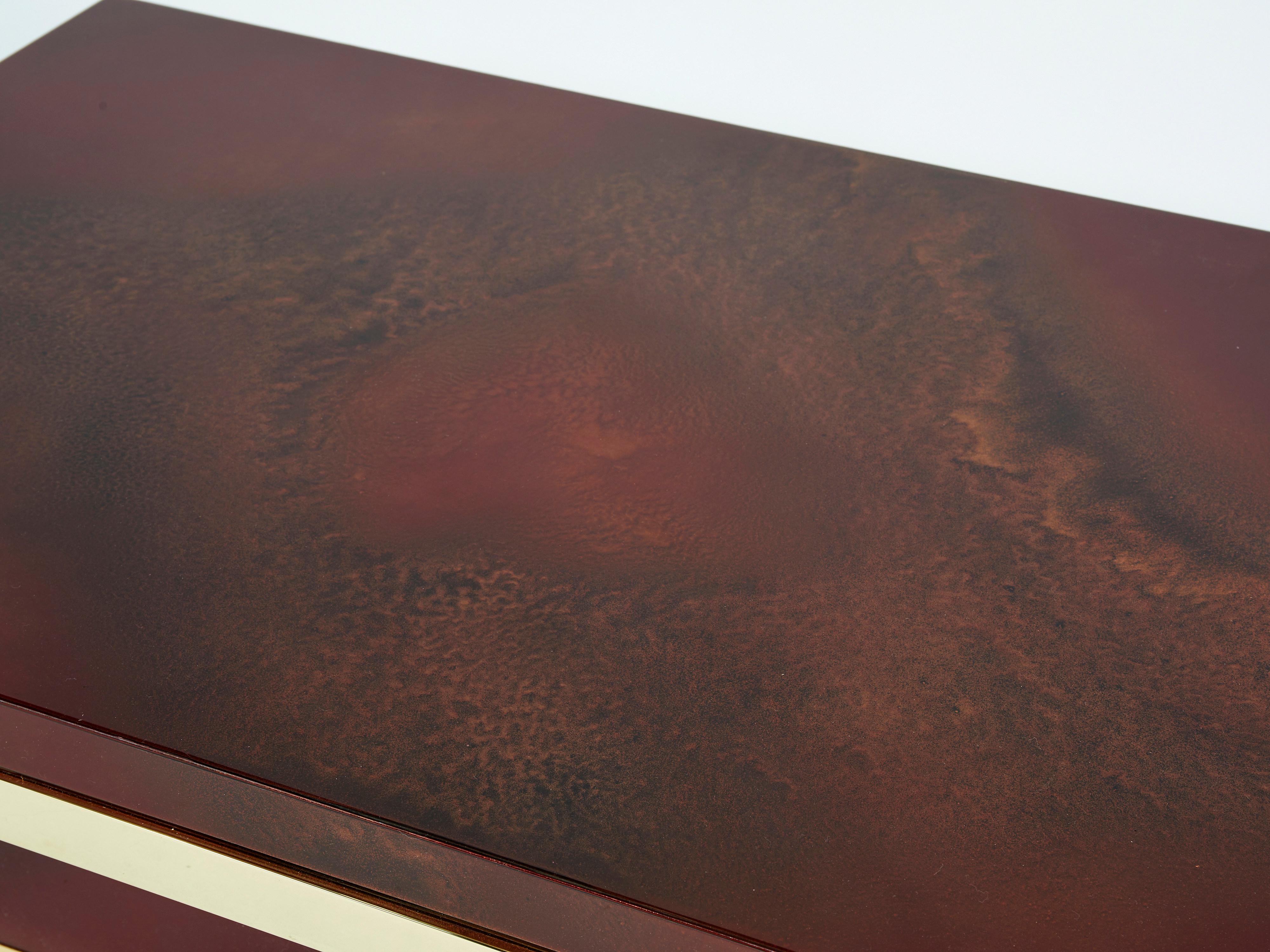 French J.C. Mahey Cherry Red Lacquer and Brass Coffee Table, 1970s For Sale