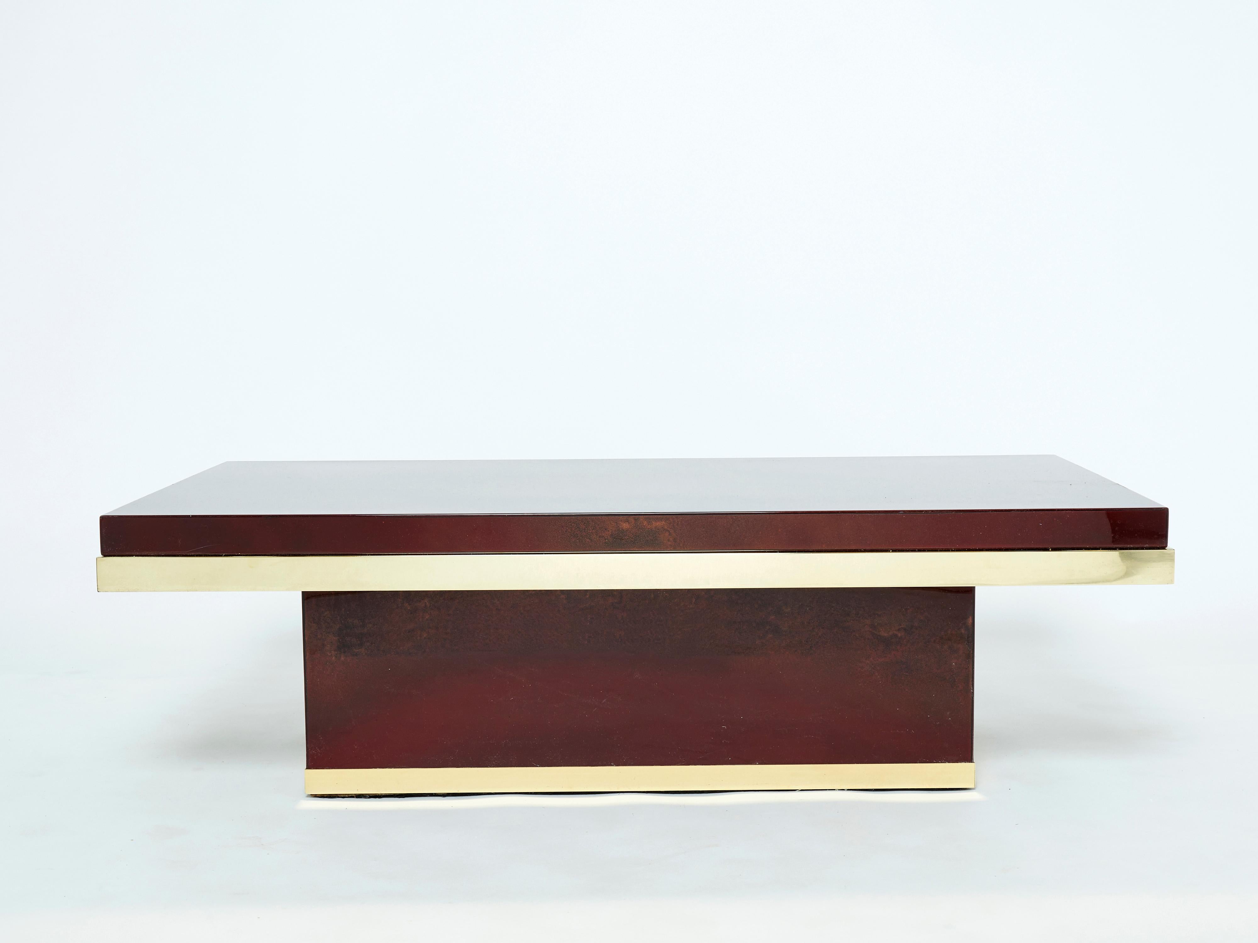 Late 20th Century J.C. Mahey Cherry Red Lacquer and Brass Coffee Table, 1970s For Sale